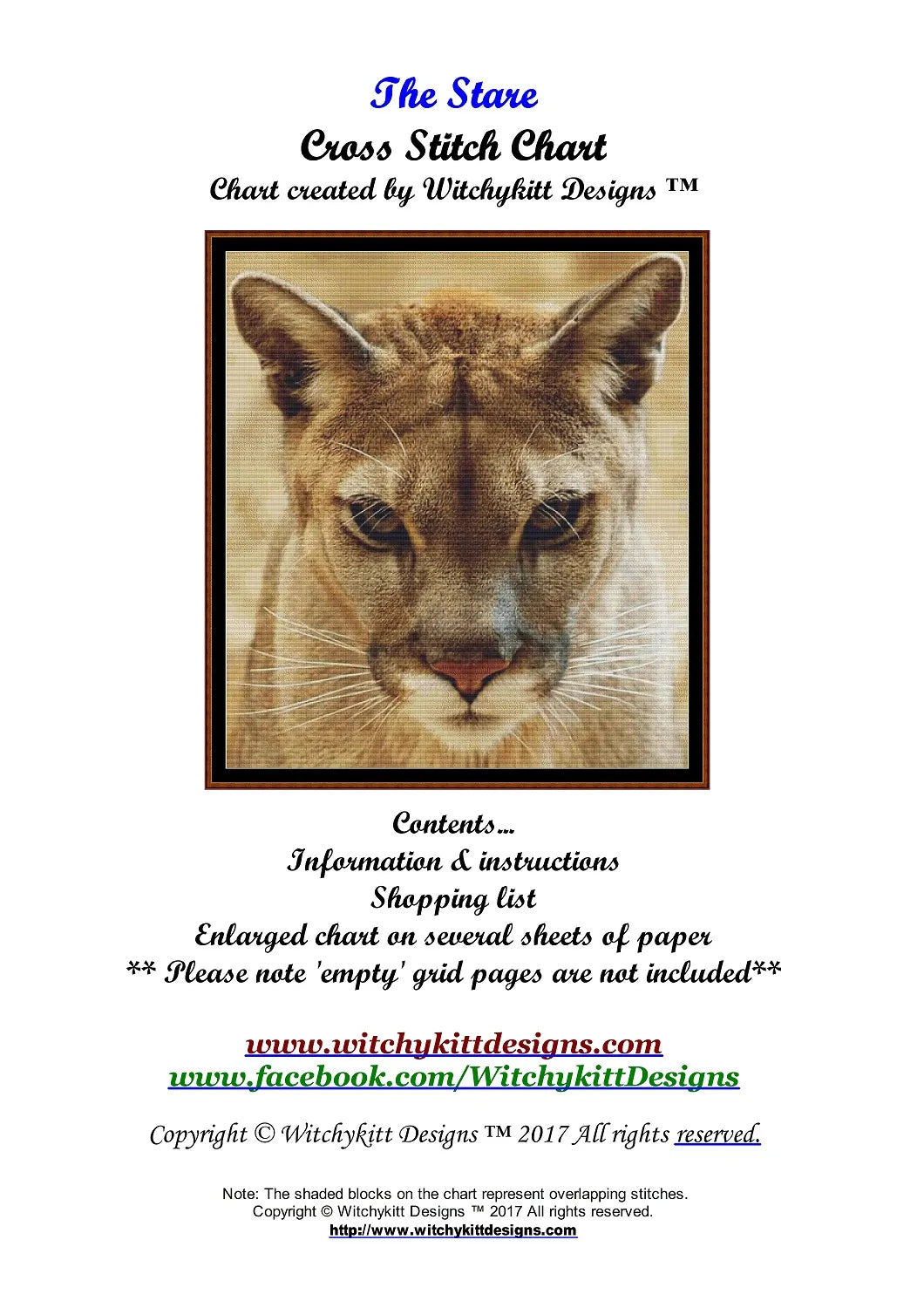 Expertly created by Witchykitt, The Stare patterns. The Stare is a lion pattern that comes as a full coverage pattern with no back-stitching. Additionally, The Stare is available in 2 different design sizes - cross stitch small & regular And each sale includes the B&W chart