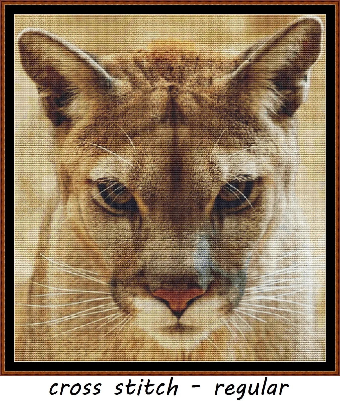 Expertly created by Witchykitt, The Stare patterns. The Stare is a lion pattern that comes as a full coverage pattern with no back-stitching. Additionally, The Stare is available in 2 different design sizes - cross stitch small & regular And each sale includes the B&W chart