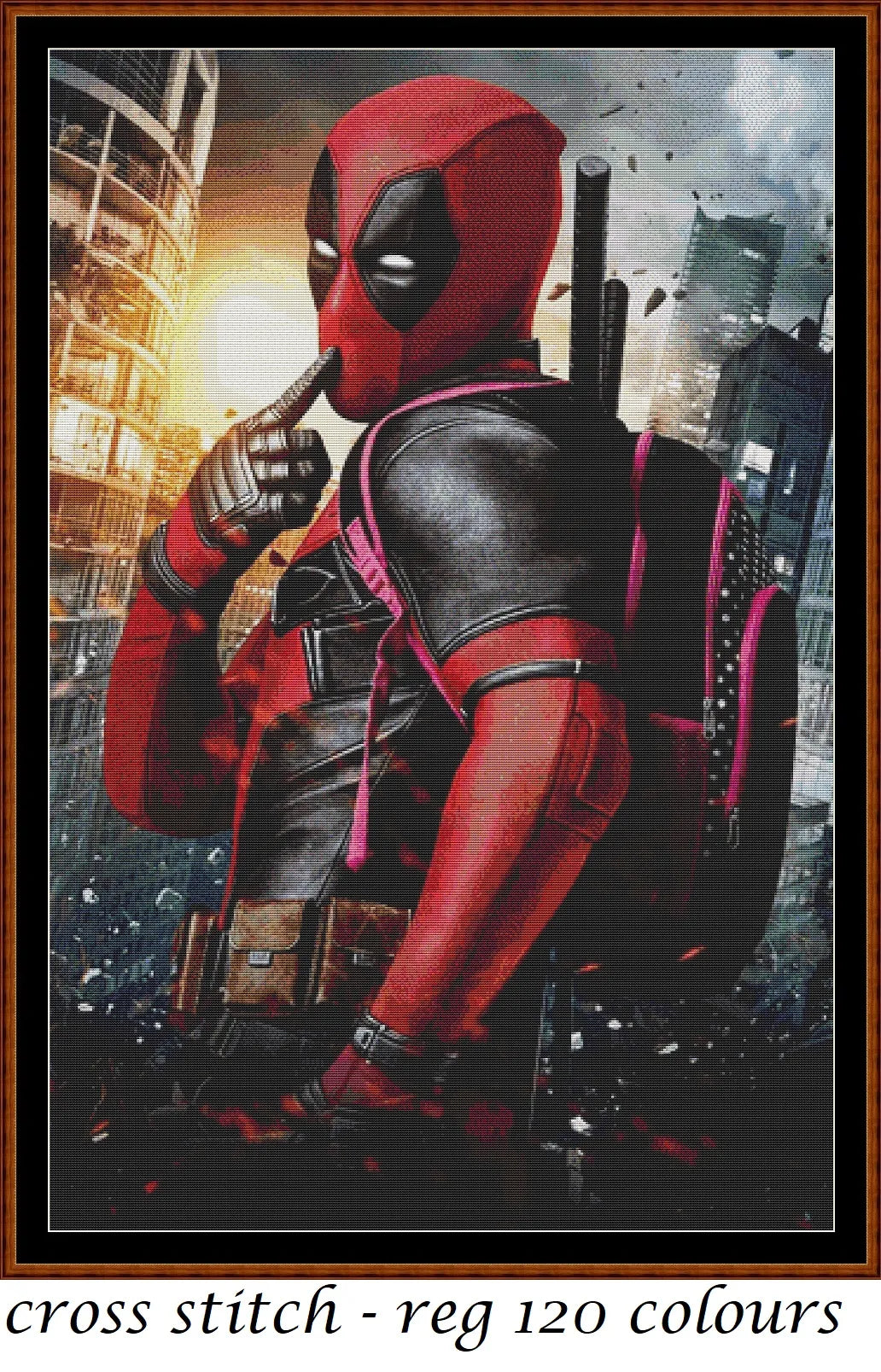Deadpool cross stitch patterns expertly created by Sam Deadpool is a superhero pattern that comes as a full coverage pattern with no back-stitching. Additionally, Deadpool is available in 3 different design variations - cross stitch regular, regular extra colours & XL And each sale includes both B&W and colour charts