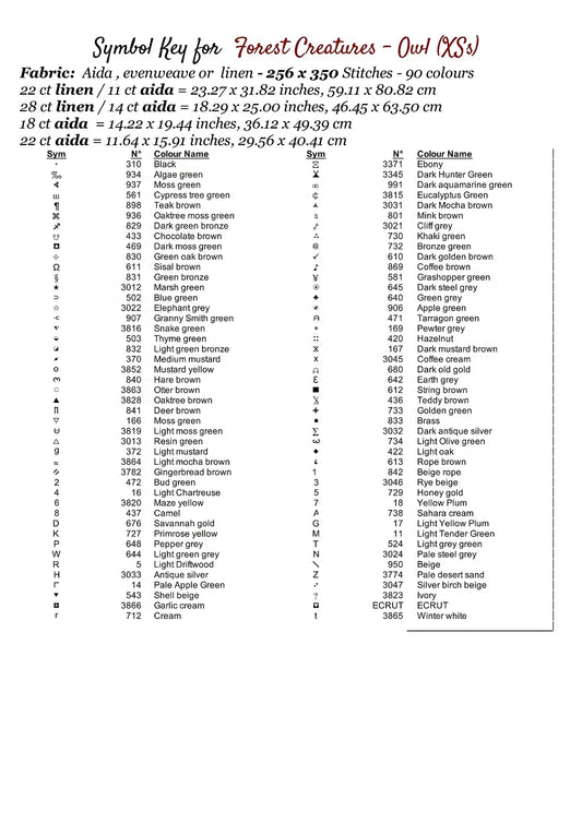 Forest Creatures - Owl patterns are expertly created from art by Alan Frijins under Public Domain CC0 license Forest Creatures - Owl is a fantasy bird pattern that comes as a full coverage pattern with no back-stitching. Additionally, Forest Creatures - Owl is available in 3 different design sizes - cross stitch small, regular & XL Each sale includes both B&W and colour charts