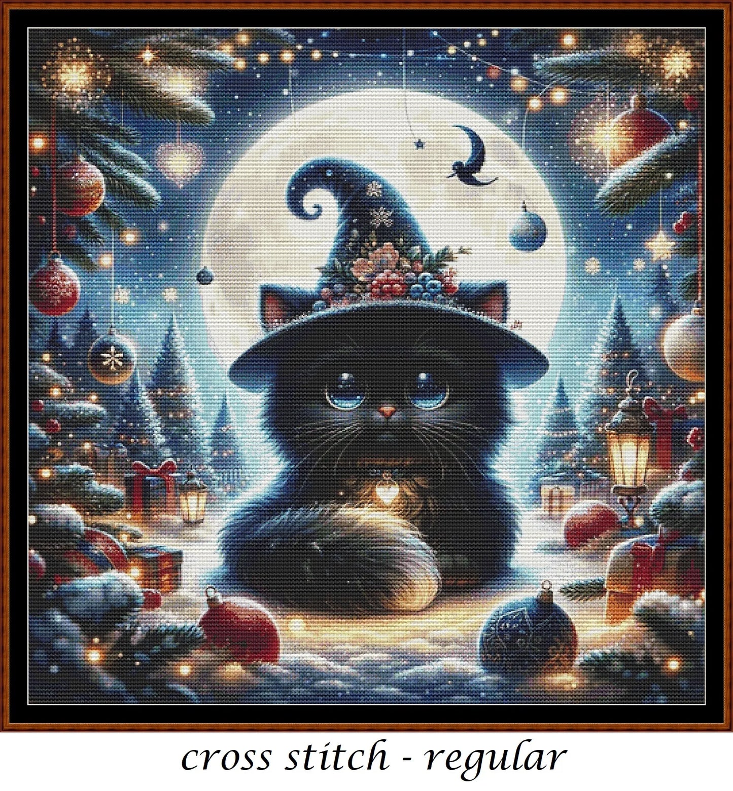 Expertly created from art by Bilal Bashir, under Public Domain CC0 license, Christmas Witchy Kitty cross stitch patterns.