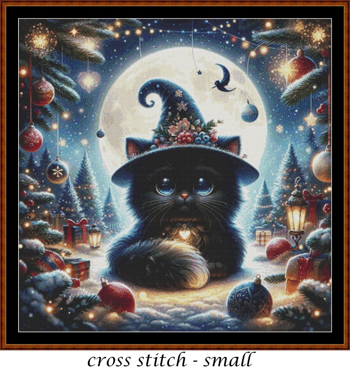 Expertly created from art by Bilal Bashir, under Public Domain CC0 license, Christmas Witchy Kitty cross stitch patterns.