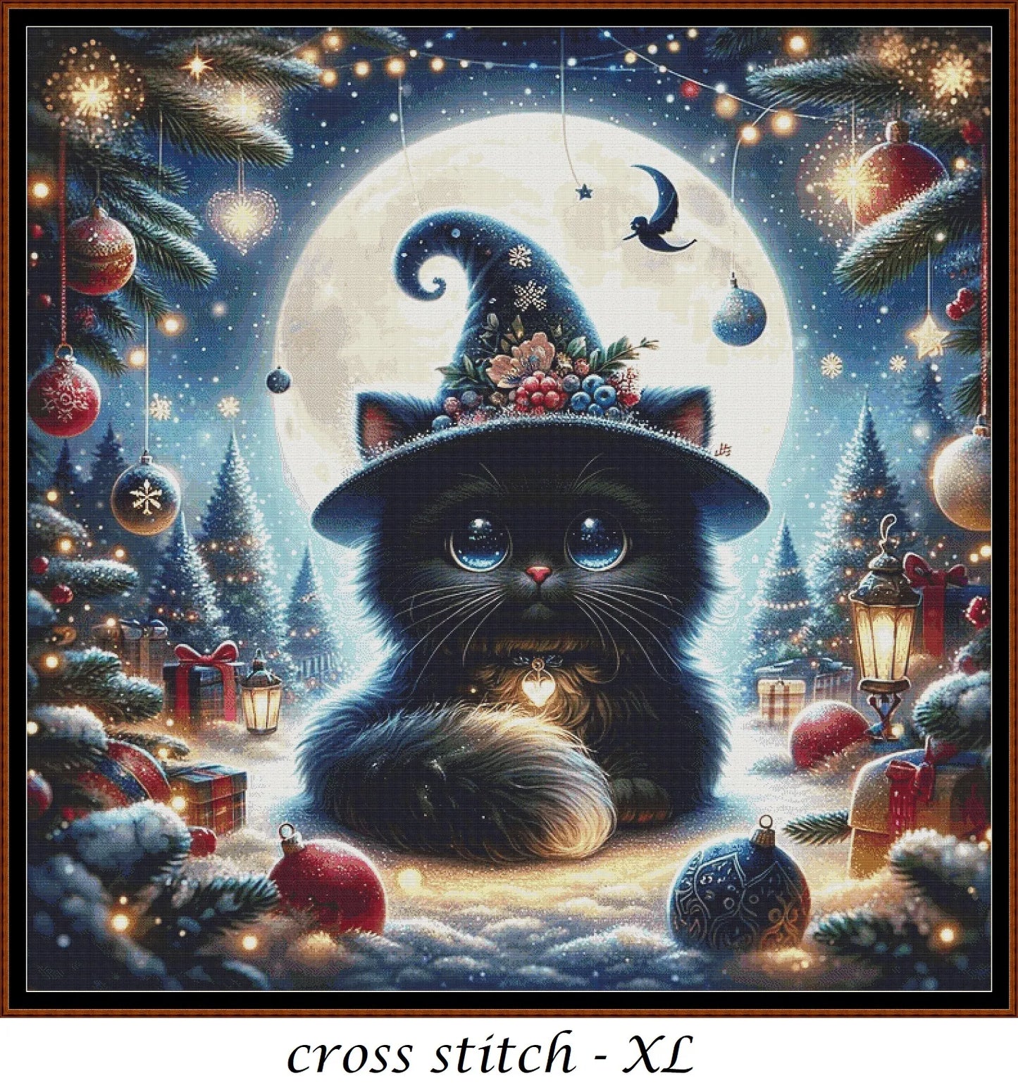 Expertly created from art by Bilal Bashir, under Public Domain CC0 license, Christmas Witchy Kitty cross stitch patterns.