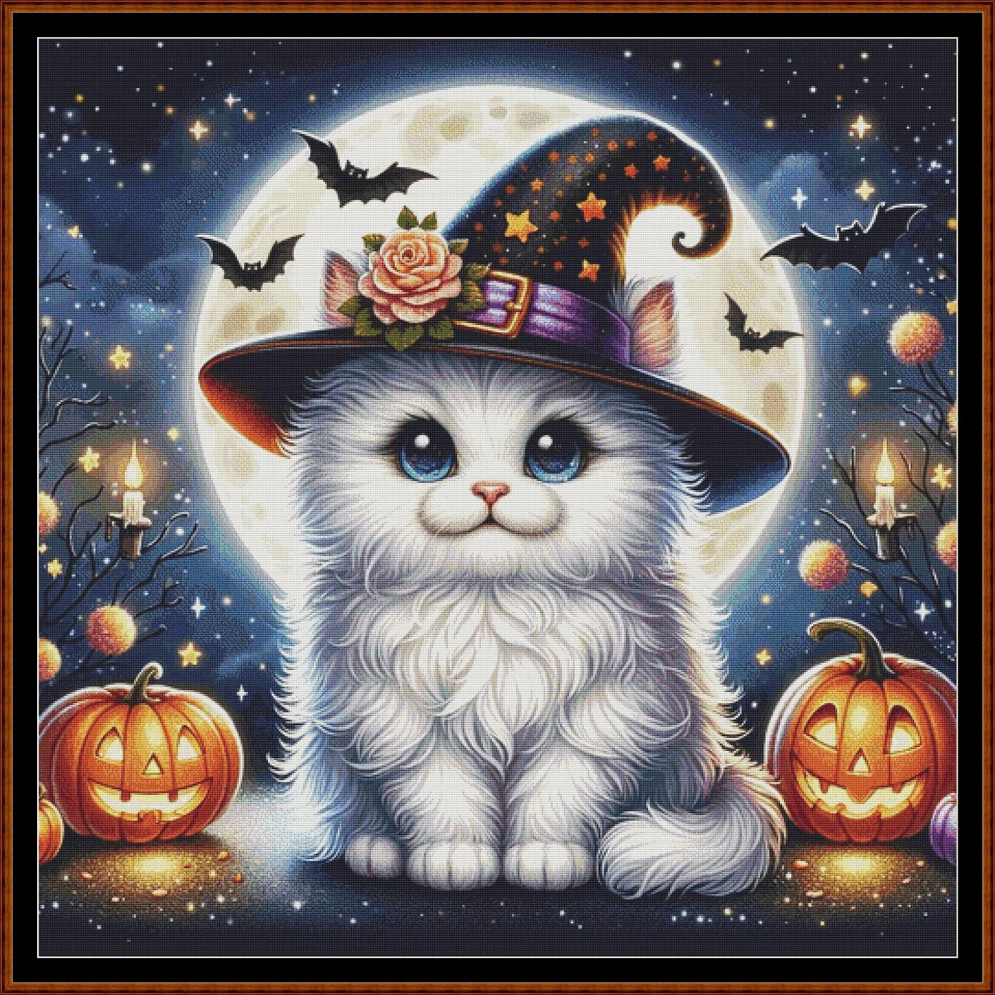 Expertly created from art by Bilal Bashir, under Public Domain CC0 license, Halloween Witchy Kitty cross stitch patterns.