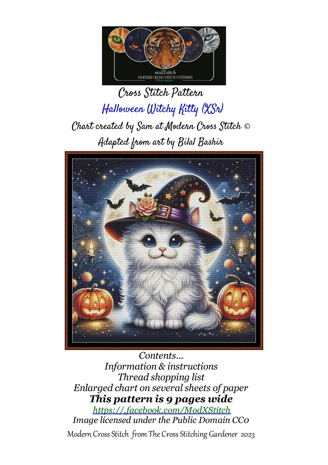Expertly created from art by Bilal Bashir, under Public Domain CC0 license, Halloween Witchy Kitty cross stitch patterns.