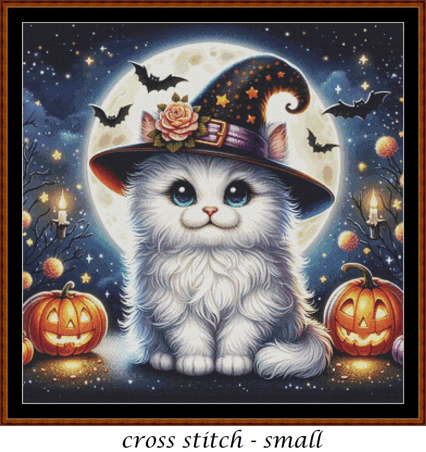 Expertly created from art by Bilal Bashir, under Public Domain CC0 license, Halloween Witchy Kitty cross stitch patterns.