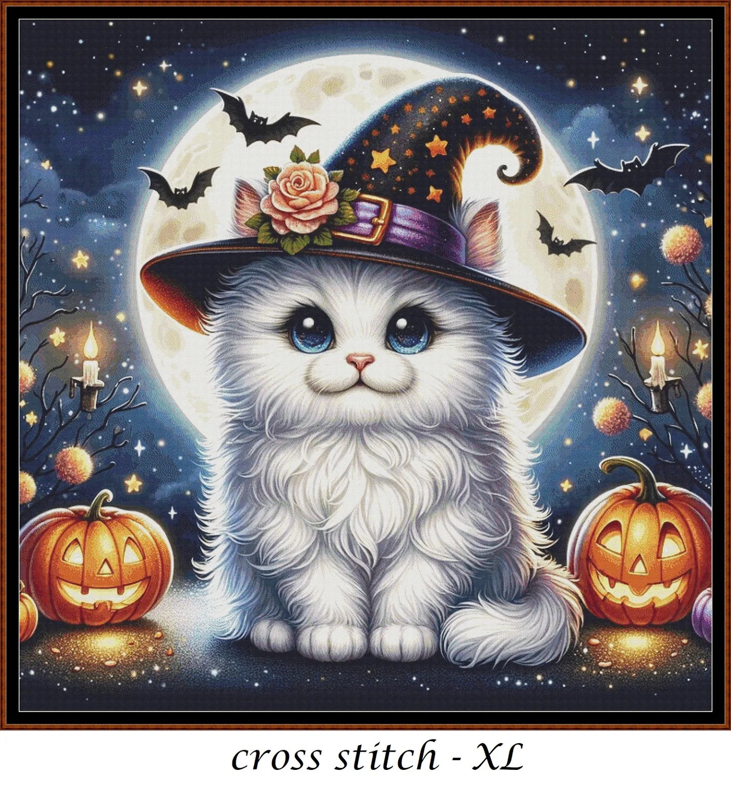 Expertly created from art by Bilal Bashir, under Public Domain CC0 license, Halloween Witchy Kitty cross stitch patterns.