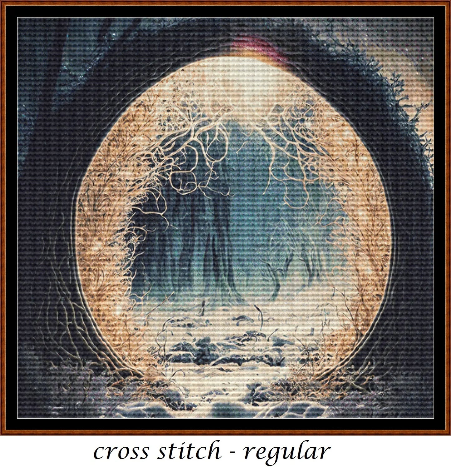 Expertly created from art by Alan Frijins, under Public Domain CC0 license, Other Worlds - Sun Realm cross stitch patterns.