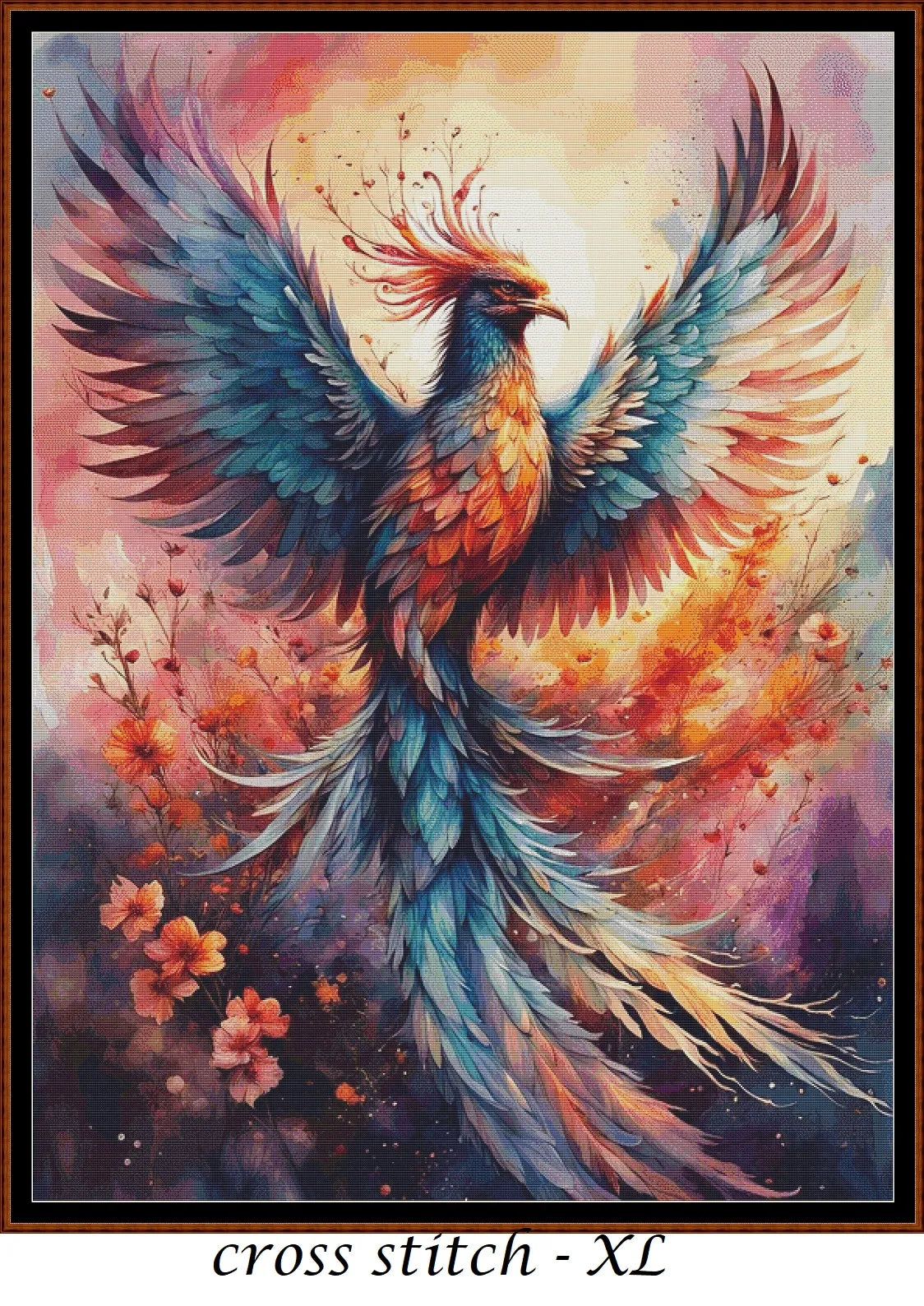 Expertly created from art by Nanne Tiggelman, under Public Domain CC0 license, Rainbow Phoenix cross stitch patterns.