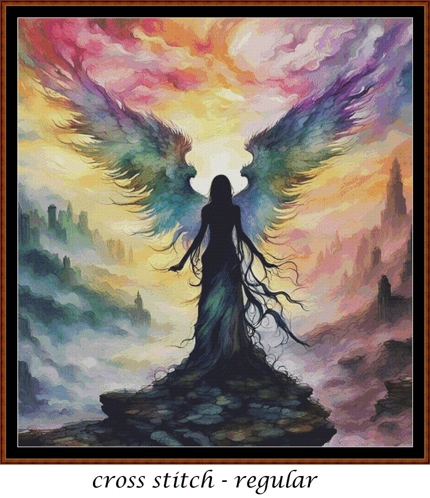 Expertly created from art by Nanne Tiggelman, under Public Domain CC0 license, Rainbow Wings cross stitch patterns.