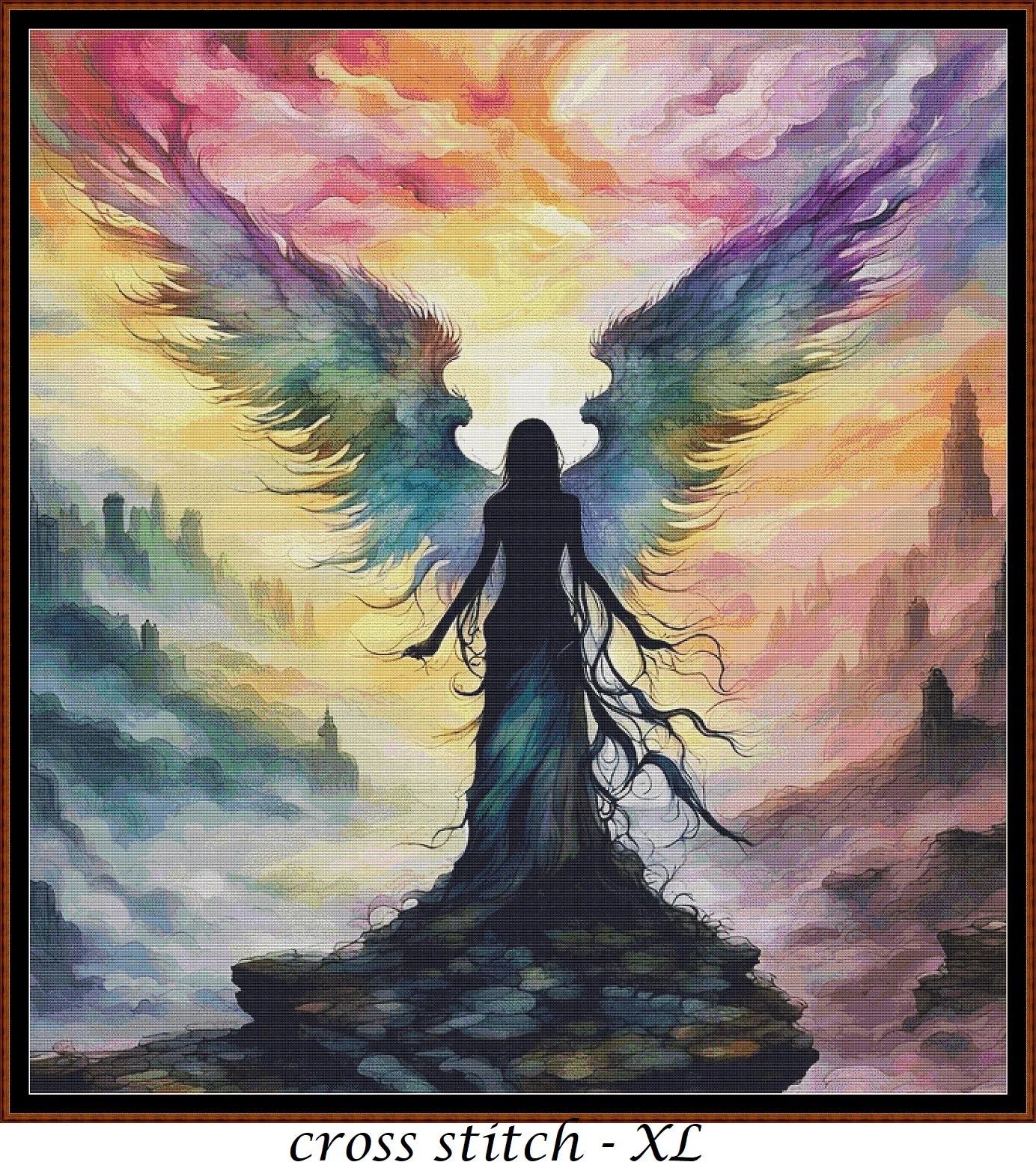 Expertly created from art by Nanne Tiggelman, under Public Domain CC0 license, Rainbow Wings cross stitch patterns.