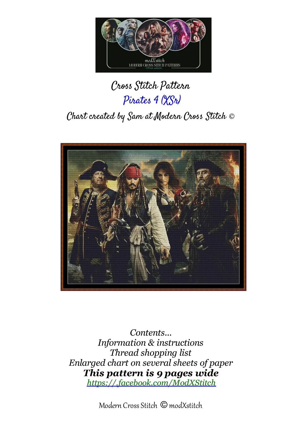 Pirates 4 cross stitch patterns expertly created by Sam Pirates 4 is a swash-buckling pattern that comes as a full coverage pattern with no back-stitching. Additionally, Pirates 4 is available in 2 different design sizes - cross stitch regular & XL And each sale includes both B&W and colour charts