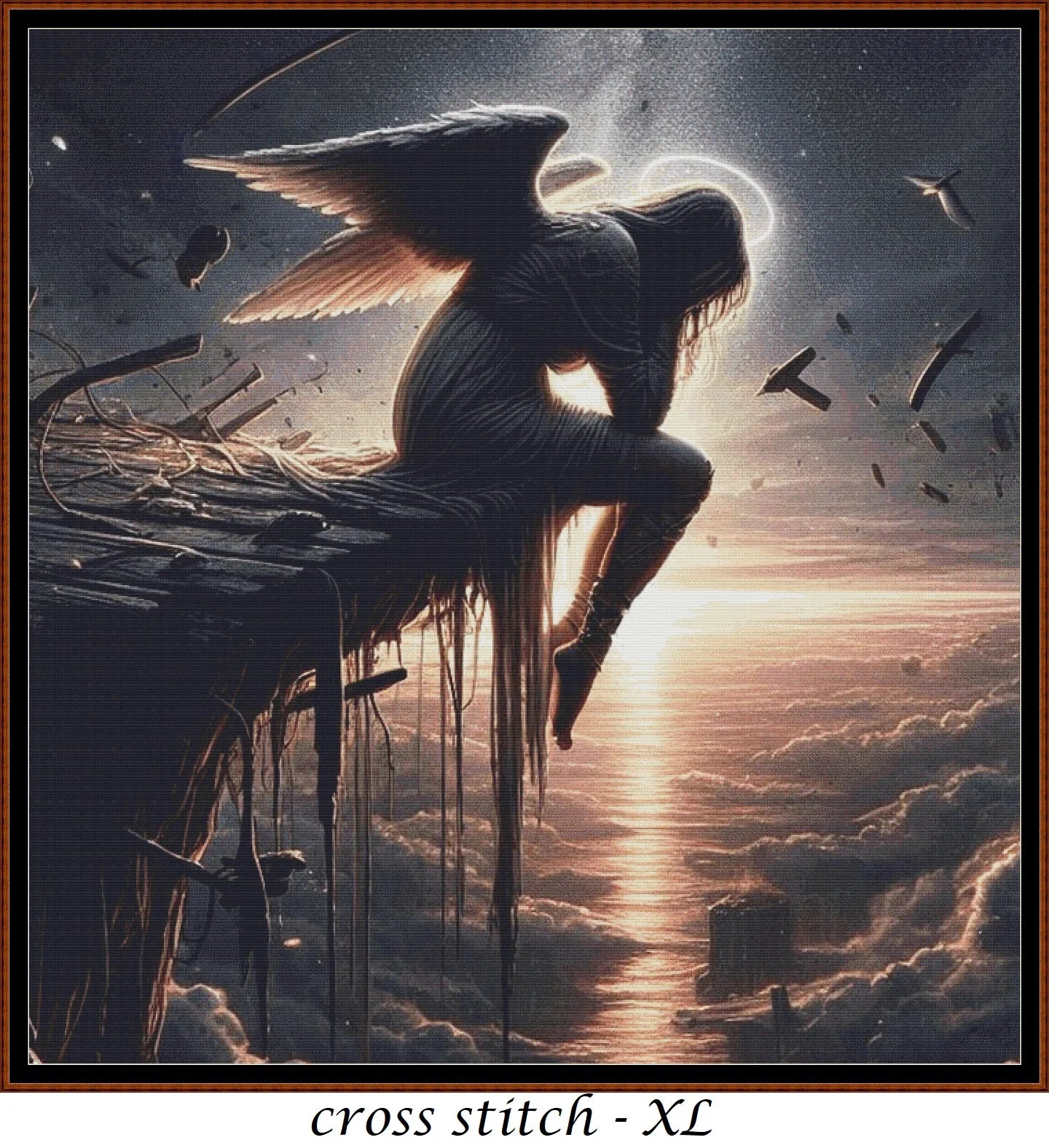 Expertly created from art by Keila Maria, under Public Domain CC0 license, Angel On A Pier's Edge patterns. Angel On A Pier's Edge is a fantasy scene pattern that comes as a full coverage pattern with no back-stitching. Angel On A Pier's Edge is available in 2 different design sizes - cross stitch regular & XL And each sale includes both B&W and colour charts