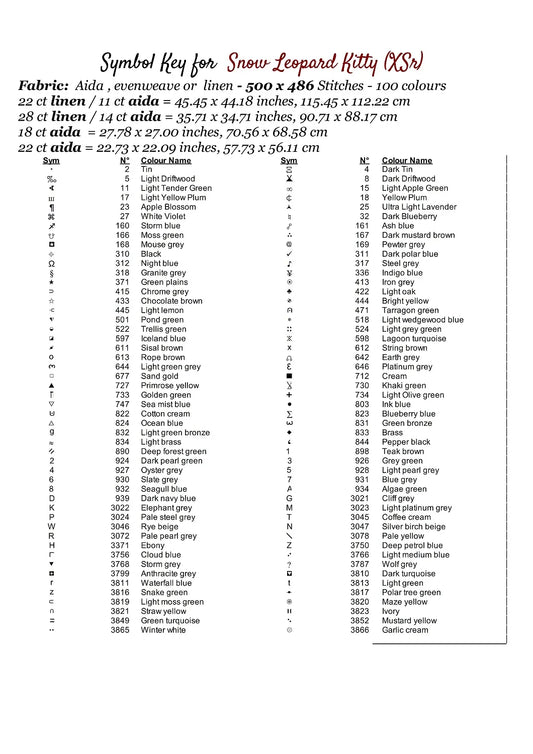 Expertly created from art by Brigitte Werner, under Public Domain CC0 license, Snow Leopard Kitty patterns. Snow Leopard Kitty is a cute feline cross stitch pattern that comes as a full coverage pattern with no back-stitching. Additionally, Snow Leopard Kitty is available in 2 different design sizes - cross stitch regular & XL And each sale includes both B&W and colour charts