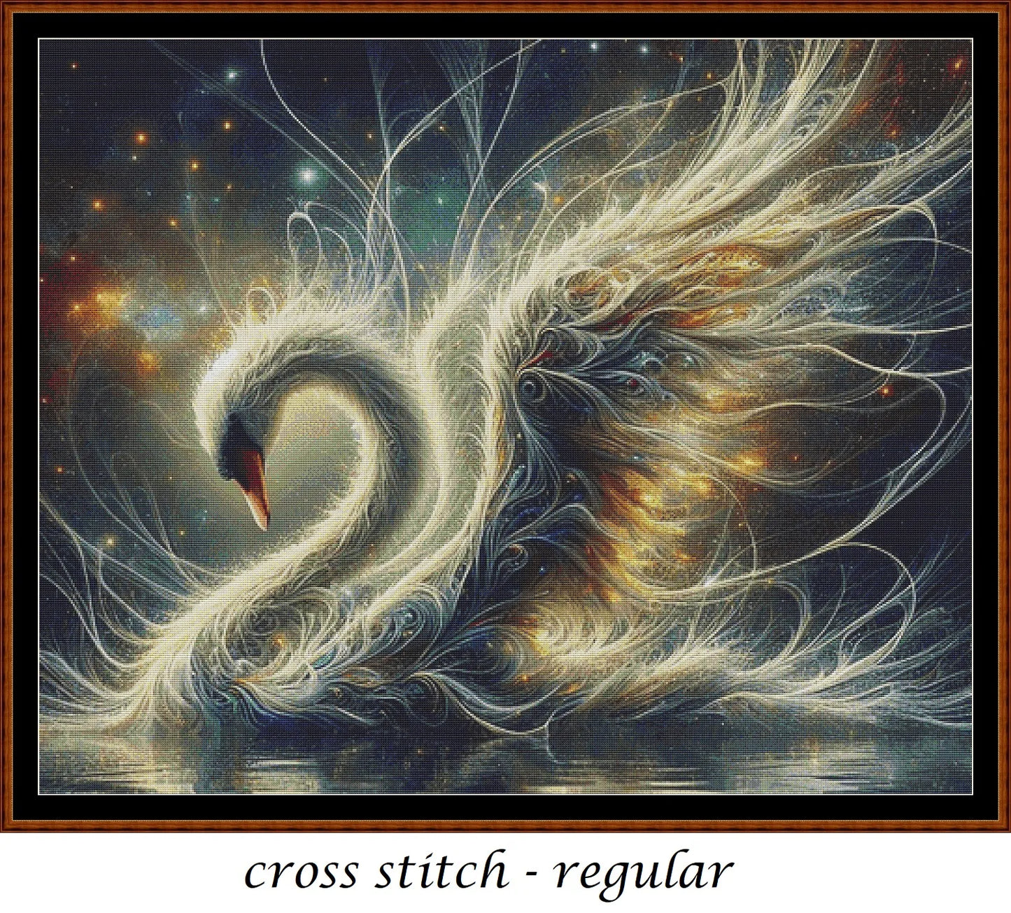 Expertly created from art by Brigitte Werner, under Public Domain CC0 license, Sky View Swim cross stitch patterns. Sky View Swim is a fantasy swan pattern that comes as a full coverage pattern with no back-stitching. Additionally, Sky View Swim is available in 2 different design sizes - cross stitch regular & XL And each sale includes both B&W and colour charts