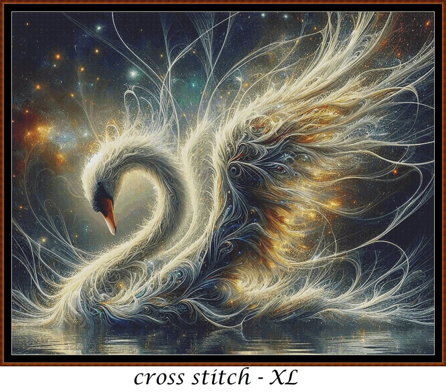 Expertly created from art by Brigitte Werner, under Public Domain CC0 license, Sky View Swim cross stitch patterns. Sky View Swim is a fantasy swan pattern that comes as a full coverage pattern with no back-stitching. Additionally, Sky View Swim is available in 2 different design sizes - cross stitch regular & XL And each sale includes both B&W and colour charts