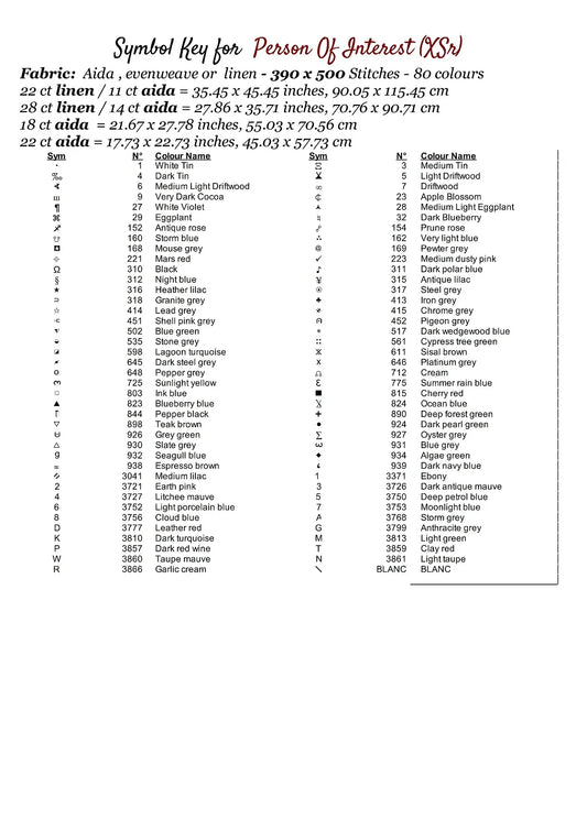 Expertly created by Sam, Person Of Interest patterns. Person Of Interest is an action TV show pattern that comes as a full coverage pattern with no back-stitching. Additionally, Person Of Interest is available in 2 different design sizes - cross stitch regular & XL And each sale includes both B&W and colour charts