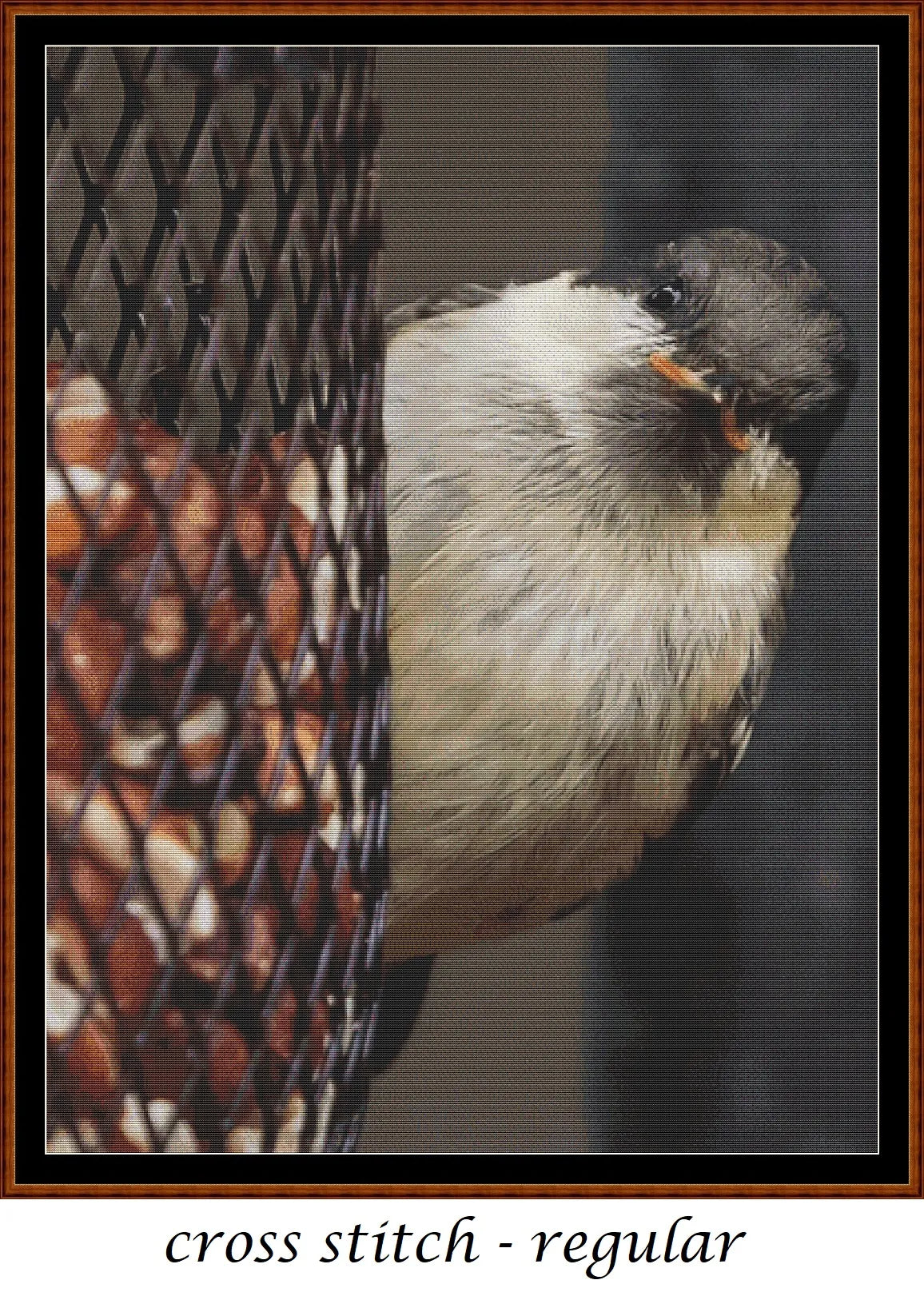 Hungry Coal Tit is a bird pattern that comes as a full coverage pattern with no back-stitching. Additionally, Hungry Coal Tit is available in 2 different design sizes - cross stitch regular & XL And each sale includes both B&W and colour charts