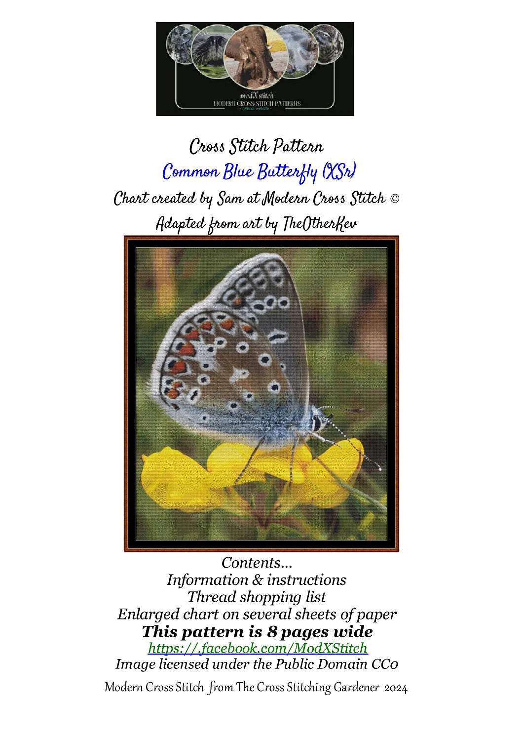 Expertly created from art by TheOtherKev, under Public Domain CC0 license, Common Blue Butterfly patterns. Common Blue Butterfly is a feline art pattern that comes as a full coverage pattern with no back-stitching. Additionally, Common Blue Butterfly is available in 2 different design sizes - cross stitch regular & XL And each sale includes both B&W and colour charts