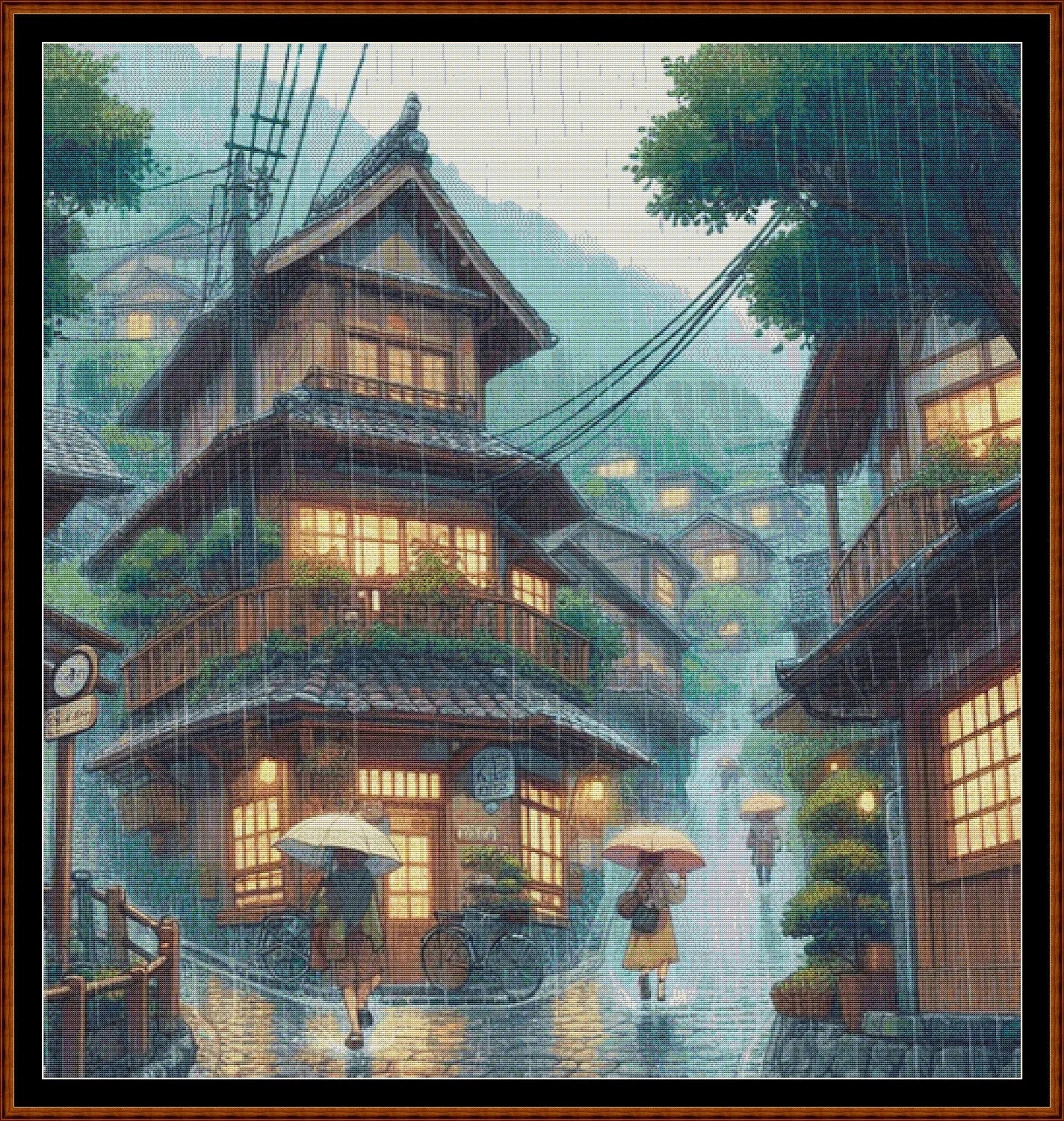 Expertly created from art by Asayuki, under Public Domain CC0 license, Rainy Walk patterns. Rainy Walk is a fantasy oriental village pattern that comes as a full coverage pattern with no back-stitching. Additionally, Rainy Walk is available in 2 different design sizes - cross stitch regular & XL And each sale includes both B&W and colour charts