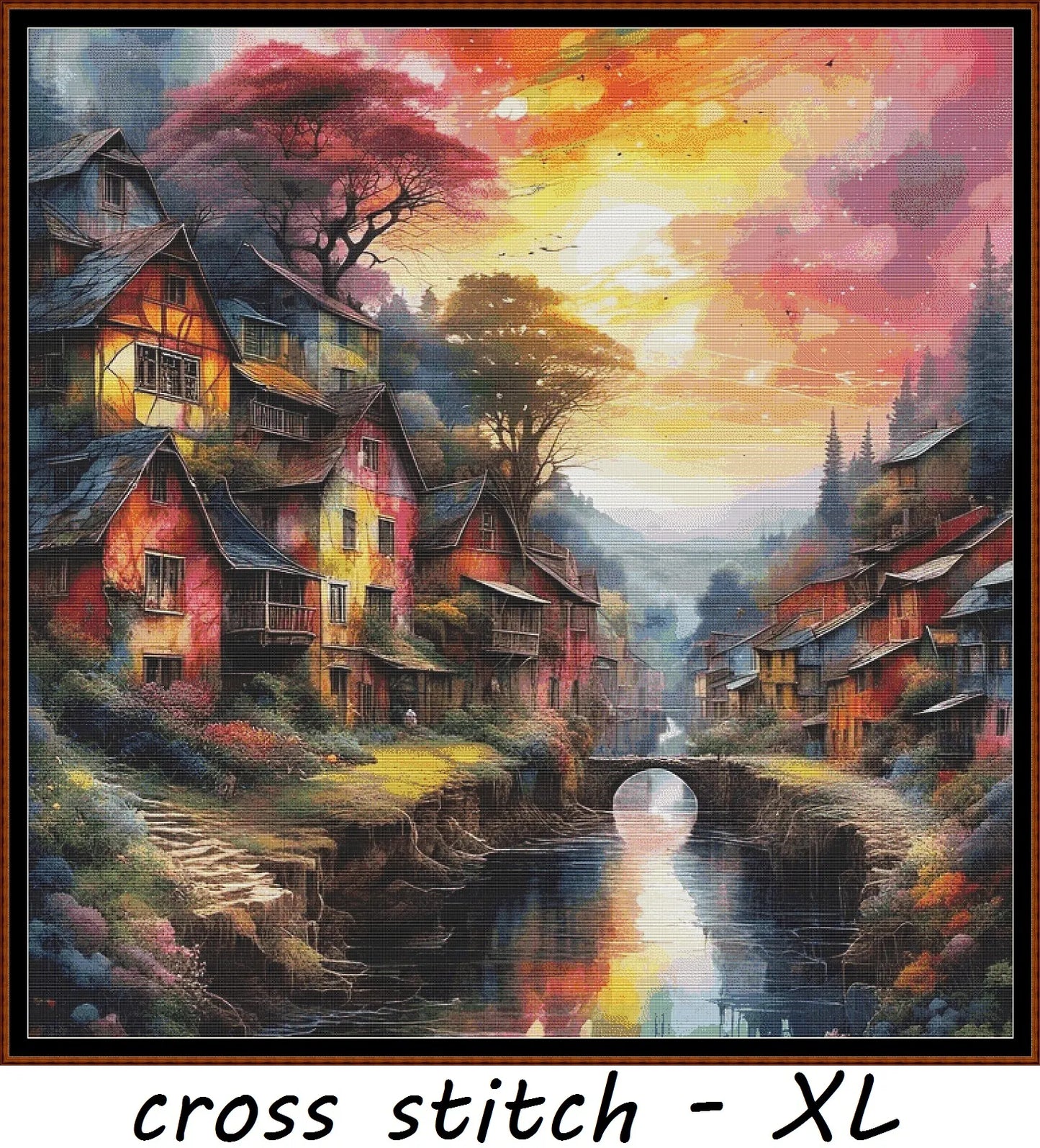 Expertly created from art by Nanne Tiggelman, under Public Domain CC0 license, Sunset On A River patterns. Sunset On A River is a fantasy scene pattern that comes as a full coverage pattern with no back-stitching. Additionally, Sunset On A River is available in 2 different design sizes - cross stitch regular & XL And each sale includes both B&W and colour charts
