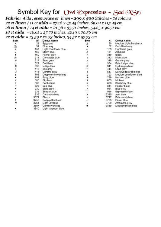 Expertly created from art by Erik Karits, under Public Domain CC0 license, Owl Expressions - Sad patterns. Owl Expressions - Sad is a rather blue owl pattern that comes as a full coverage pattern with no back-stitching. Additionally, Owl Expressions - Sad is available in 2 different design sizes - cross stitch regular & XL And each sale includes both B&W and colour charts