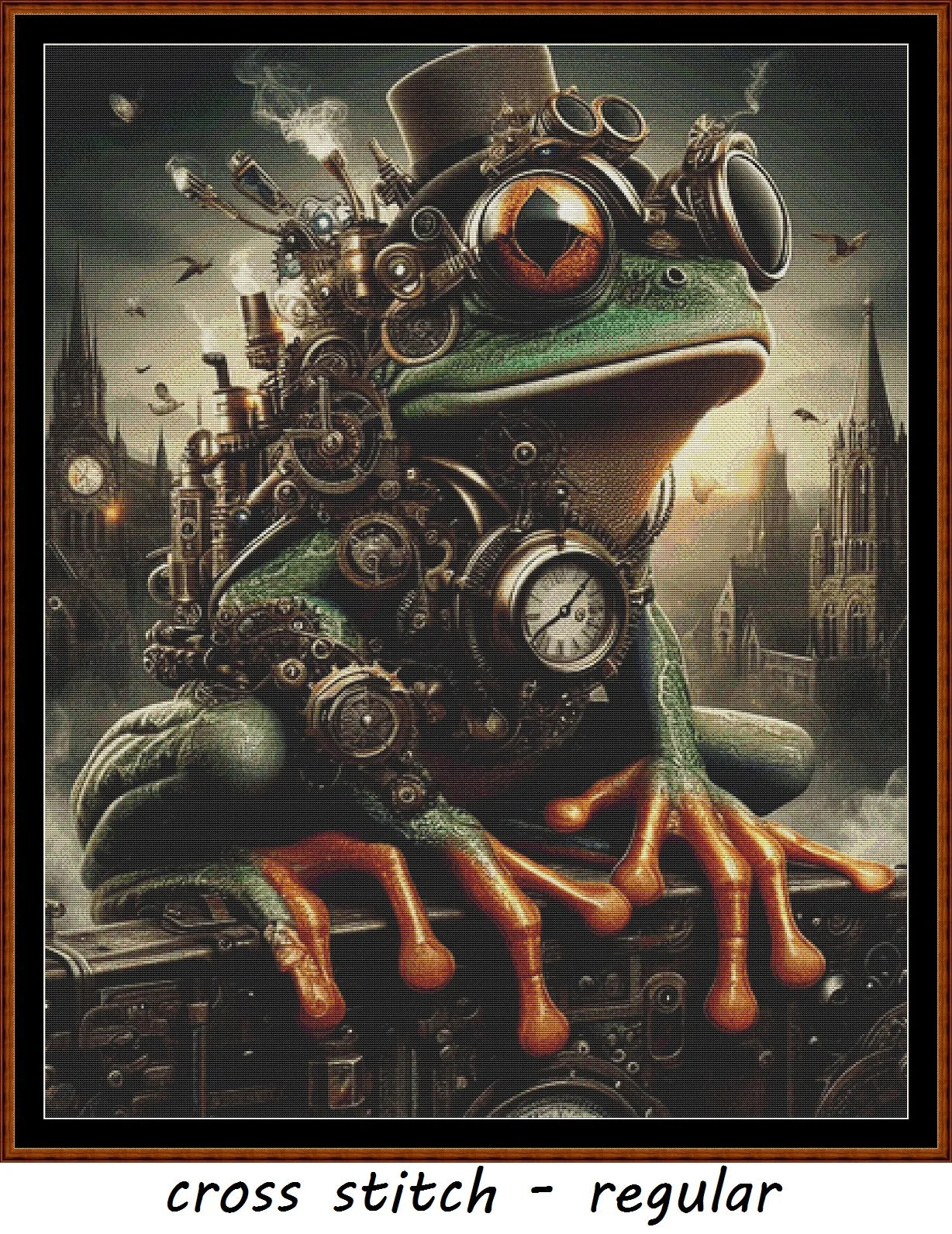 Expertly created from art by Lisa Yount, under Public Domain CC0 license, Steampunk Frog patterns. Steampunk Frog is a fantasy amphibian pattern that comes as a full coverage pattern with no back-stitching. Additionally, Steampunk Frog is available in 2 different design sizes - cross stitch regular & XL And each sale includes both B&W and colour charts