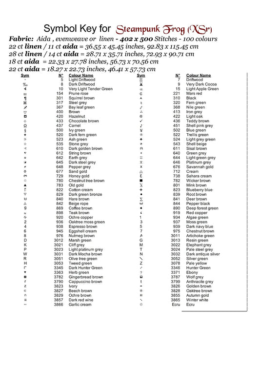Expertly created from art by Lisa Yount, under Public Domain CC0 license, Steampunk Frog patterns. Steampunk Frog is a fantasy amphibian pattern that comes as a full coverage pattern with no back-stitching. Additionally, Steampunk Frog is available in 2 different design sizes - cross stitch regular & XL And each sale includes both B&W and colour charts