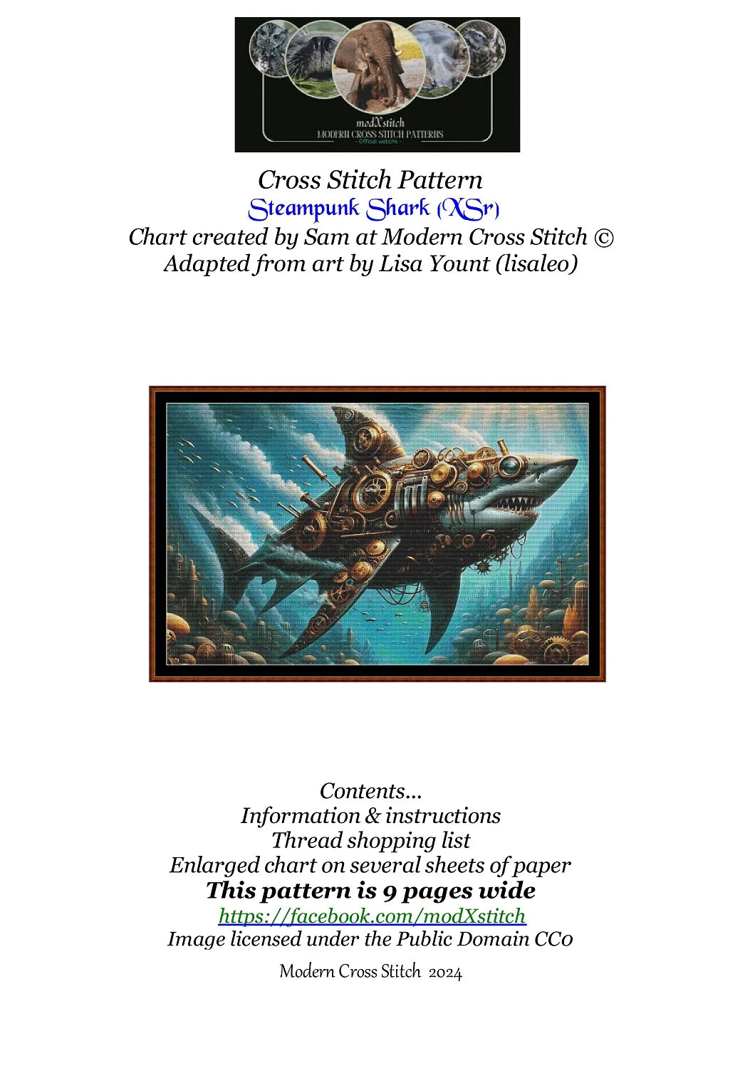 Expertly created from art by Lisa Yount, under Public Domain CC0 license, Steampunk Shark patterns. Steampunk Shark is a fantasy aquatic pattern that comes as a full coverage pattern with no back-stitching. Additionally, Steampunk Shark is available in 2 different design sizes - cross stitch regular & XL And each sale includes both B&W and colour charts