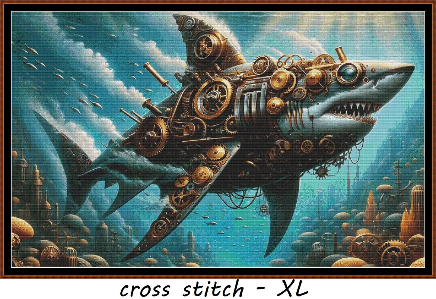 Expertly created from art by Lisa Yount, under Public Domain CC0 license, Steampunk Shark patterns. Steampunk Shark is a fantasy aquatic pattern that comes as a full coverage pattern with no back-stitching. Additionally, Steampunk Shark is available in 2 different design sizes - cross stitch regular & XL And each sale includes both B&W and colour charts