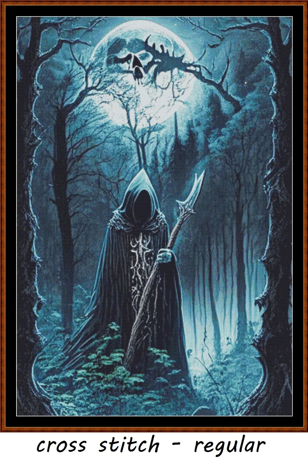 Expertly created from art by Marcia Figg, under Public Domain CC0 license, Forest Moon - Blue patterns. Forest Moon - Blue is a dark fantasy cross stitch pattern that comes as a full coverage pattern with no back-stitching. Additionally, Forest Moon - Blue is available in 2 different design sizes - cross stitch regular & XL And each sale includes both B&W and colour charts