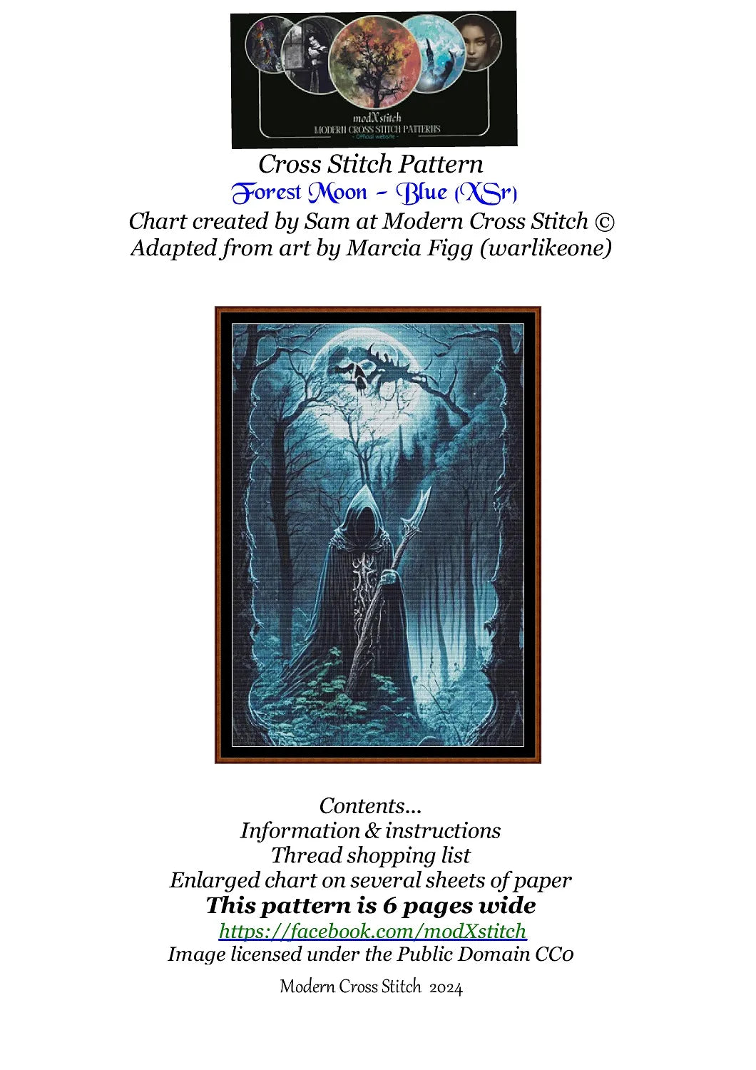 Expertly created from art by Marcia Figg, under Public Domain CC0 license, Forest Moon - Blue patterns. Forest Moon - Blue is a dark fantasy cross stitch pattern that comes as a full coverage pattern with no back-stitching. Additionally, Forest Moon - Blue is available in 2 different design sizes - cross stitch regular & XL And each sale includes both B&W and colour charts