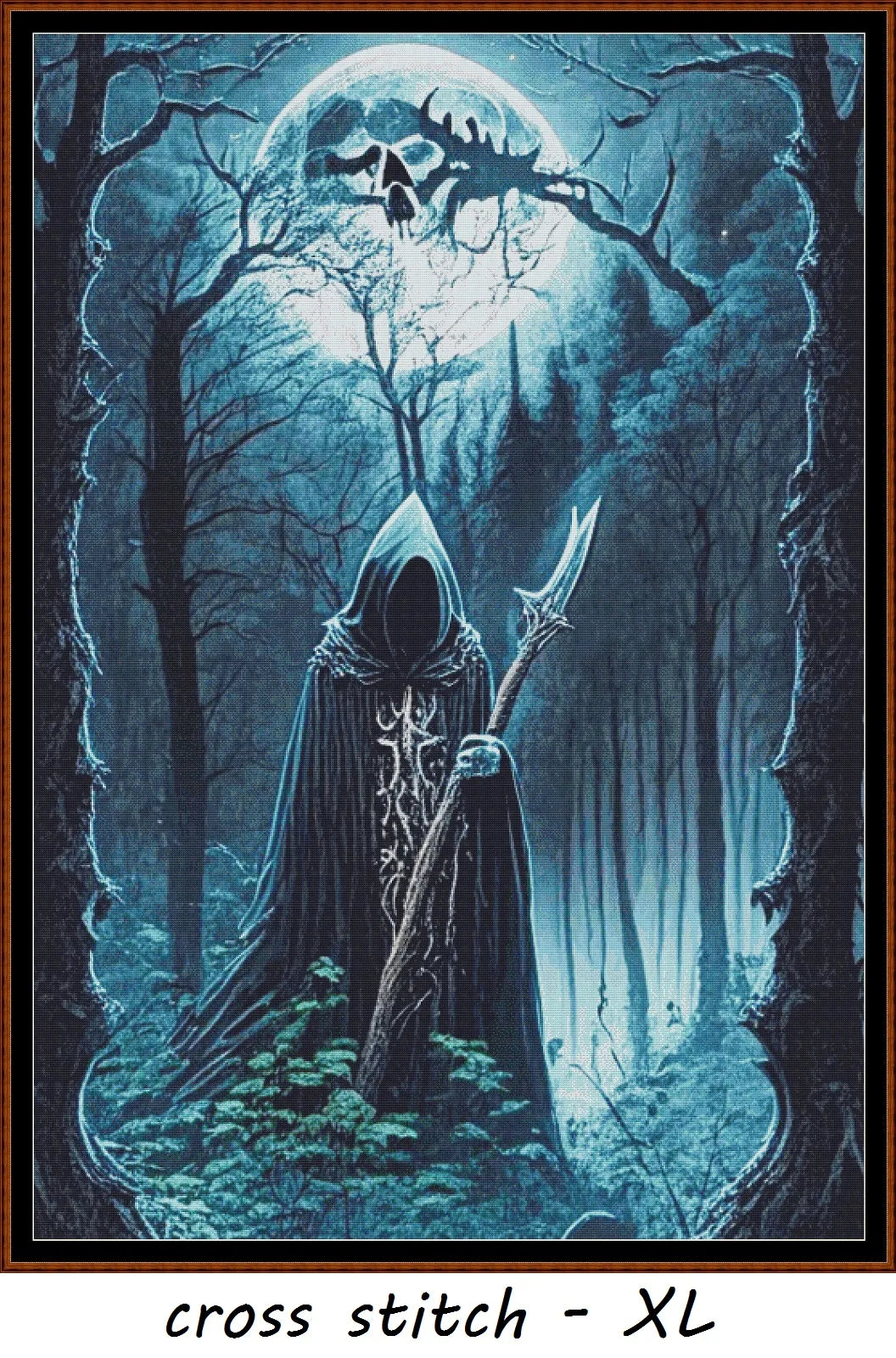 Expertly created from art by Marcia Figg, under Public Domain CC0 license, Forest Moon - Blue patterns. Forest Moon - Blue is a dark fantasy cross stitch pattern that comes as a full coverage pattern with no back-stitching. Additionally, Forest Moon - Blue is available in 2 different design sizes - cross stitch regular & XL And each sale includes both B&W and colour charts