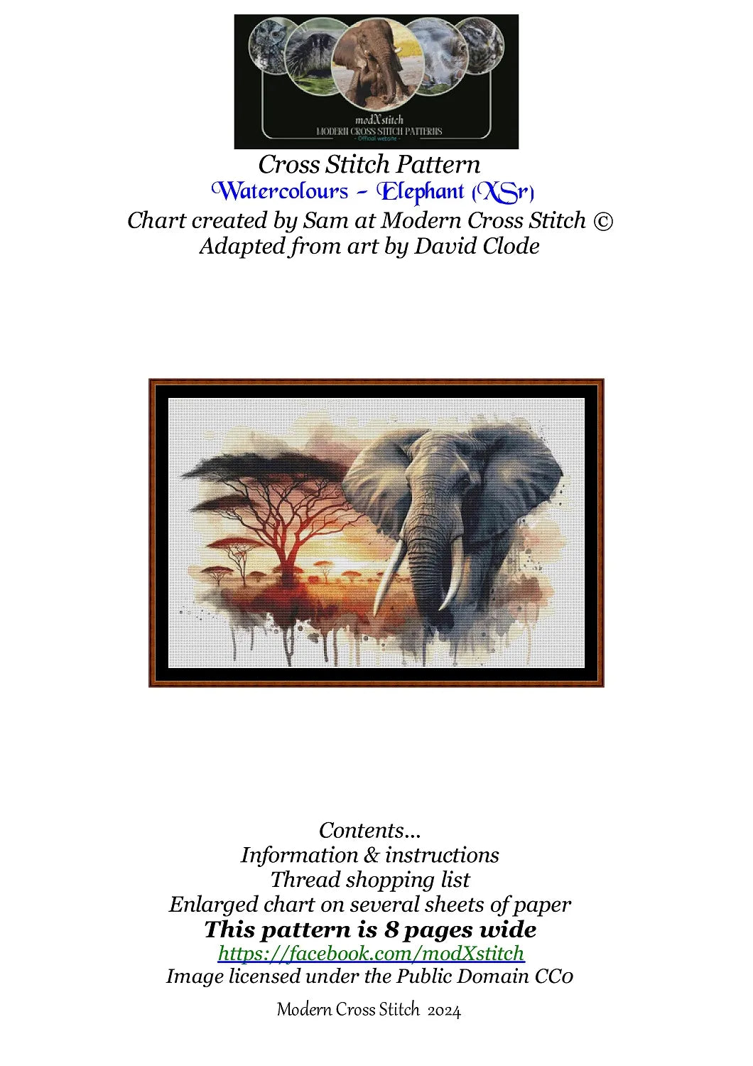 Expertly created from art by David Clode, under Public Domain CC0 license, Watercolours - Elephant patterns. Watercolours - Elephant is an art cat cross stitch pattern that comes as a non-full coverage pattern with no back-stitching. Additionally, Watercolours - Elephant is available in 2 different design sizes - cross stitch regular & XL And each sale includes both B&W and colour charts