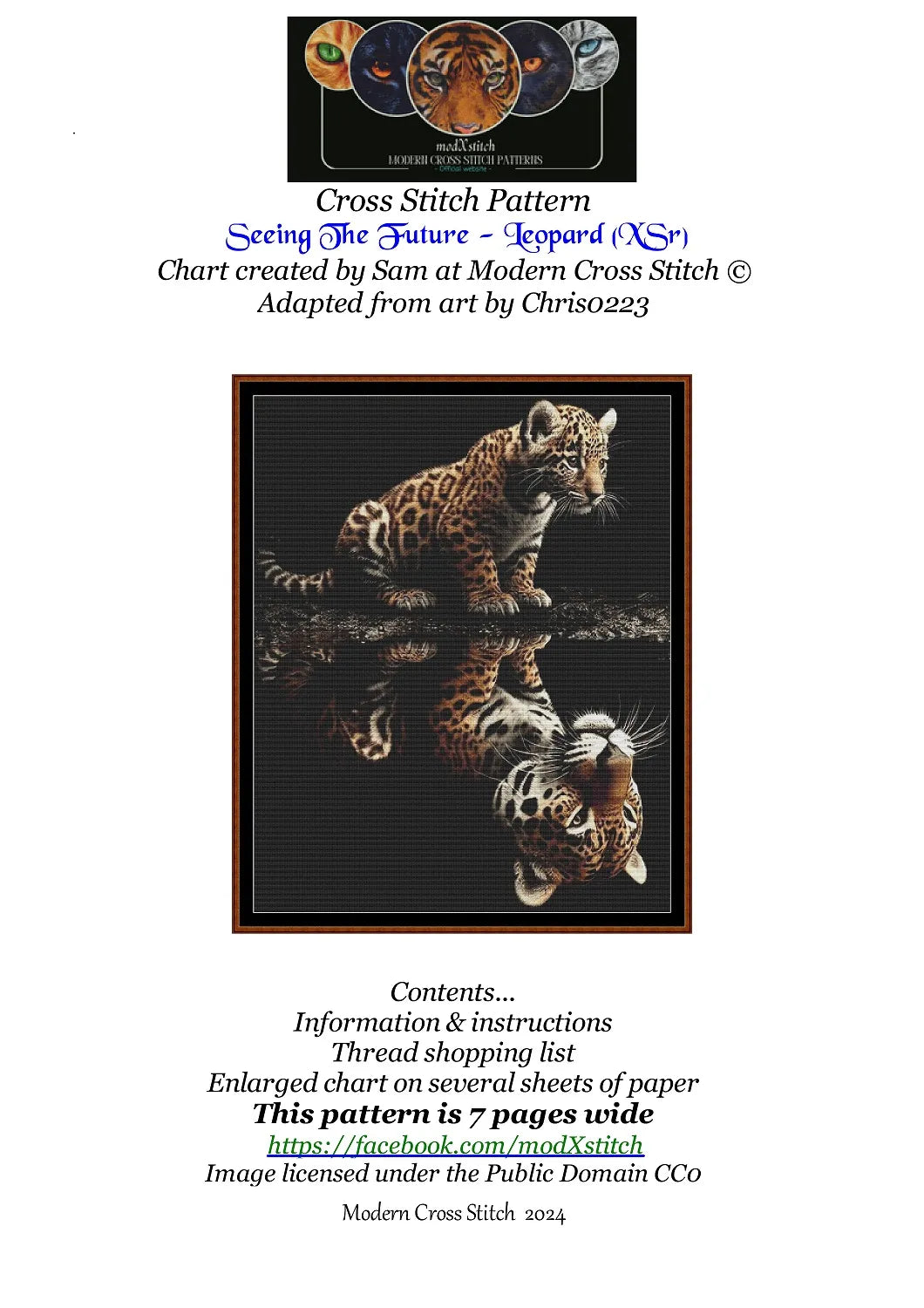 Expertly created from art by Chris0223, under Public Domain CC0 license, Leopard Seeing the Future patterns. Leopard Seeing the Future is a beautiful cat cross stitch pattern that comes as a full coverage pattern with no back-stitching. Additionally, Leopard Seeing the Future is available in 2 different design sizes - cross stitch regular & XL And each sale includes both B&W and colour charts
