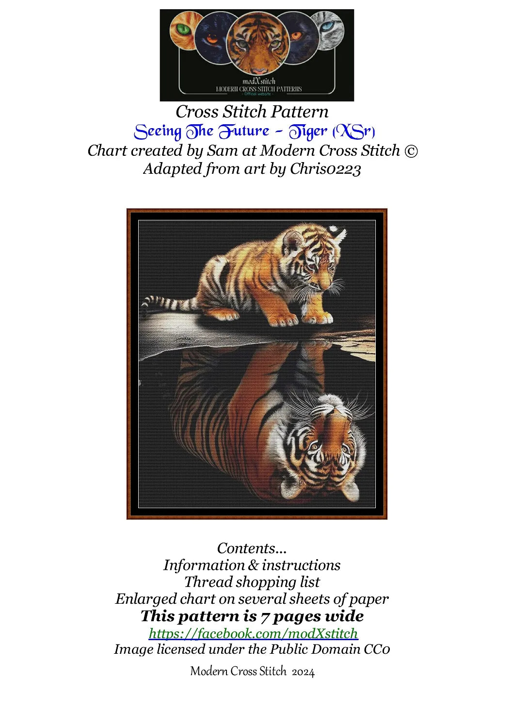 Expertly created from art by Chris0223, under Public Domain CC0 license, Tiger Seeing the Future patterns. Tiger Seeing the Future is a beautiful cat cross stitch pattern that comes as a full coverage pattern with no back-stitching. Additionally, Tiger Seeing the Future is available in 2 different design sizes - cross stitch regular & XL And each sale includes both B&W and colour charts