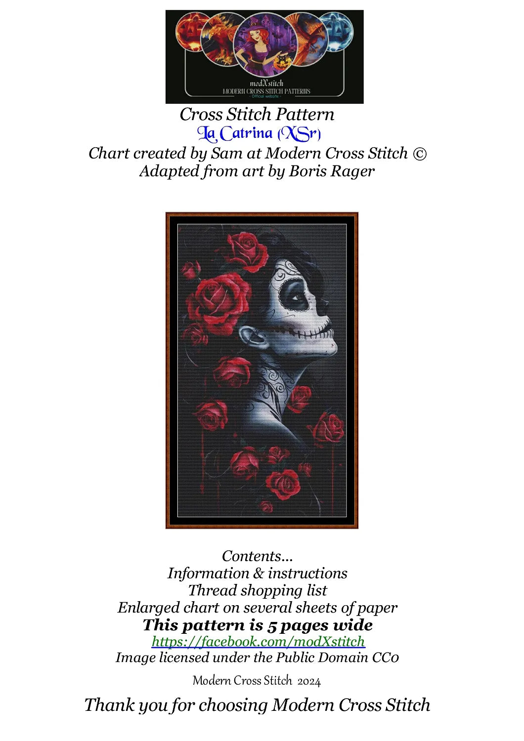 Expertly created from art by Boris Rager, under Public Domain CC0 license, La Catrina patterns. La Catrina is a beautiful sugar skull cross stitch pattern that comes as a full coverage pattern with no back-stitching. Additionally,La Catrina is available in 2 different design sizes - cross stitch regular & XL And each sale includes both B&W and colour charts