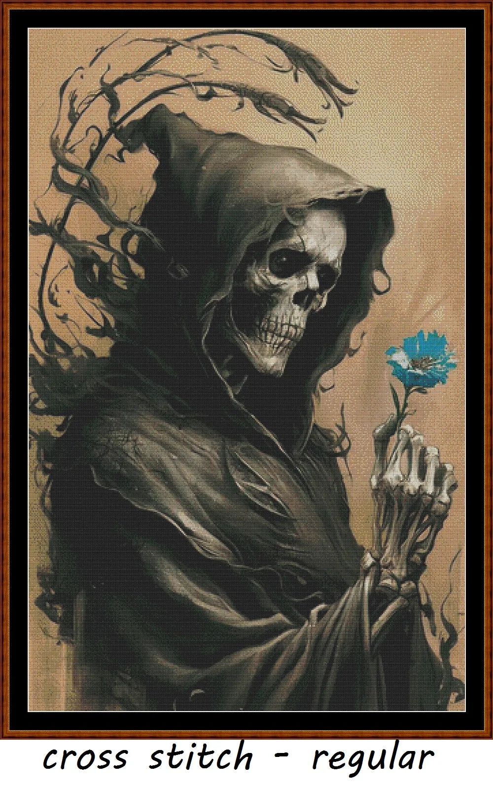 Expertly created from art by Boris Rager, under Public Domain CC0 license, Last Flower patterns. Last Flower is a fantastic grim reaper cross stitch pattern that comes as a full coverage pattern with no back-stitching. Additionally, Last Flower is available in 2 different design sizes - cross stitch regular & XL And each sale includes both B&W and colour charts