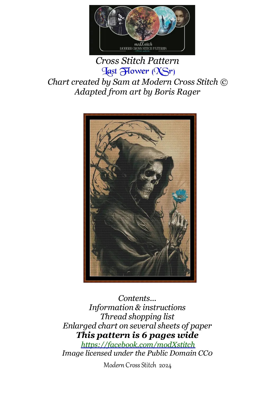 Expertly created from art by Boris Rager, under Public Domain CC0 license, Last Flower patterns. Last Flower is a fantastic grim reaper cross stitch pattern that comes as a full coverage pattern with no back-stitching. Additionally, Last Flower is available in 2 different design sizes - cross stitch regular & XL And each sale includes both B&W and colour charts