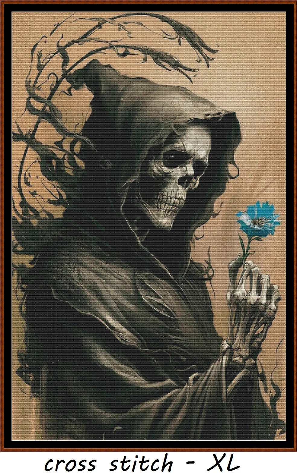 Expertly created from art by Boris Rager, under Public Domain CC0 license, Last Flower patterns. Last Flower is a fantastic grim reaper cross stitch pattern that comes as a full coverage pattern with no back-stitching. Additionally, Last Flower is available in 2 different design sizes - cross stitch regular & XL And each sale includes both B&W and colour charts