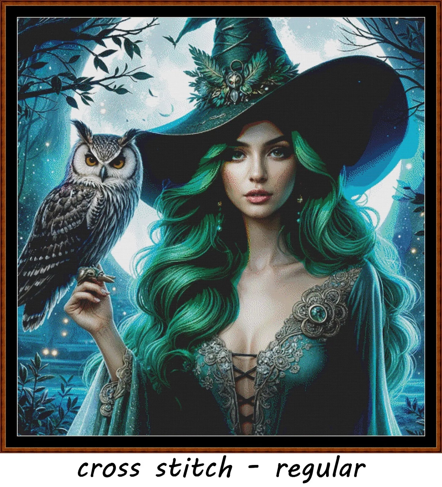 Emerald Witch cross stitch pattern conceived and expertly created by Sam. Inspired by art created by Traumer4168 covered under the Public Domain CC0 license.