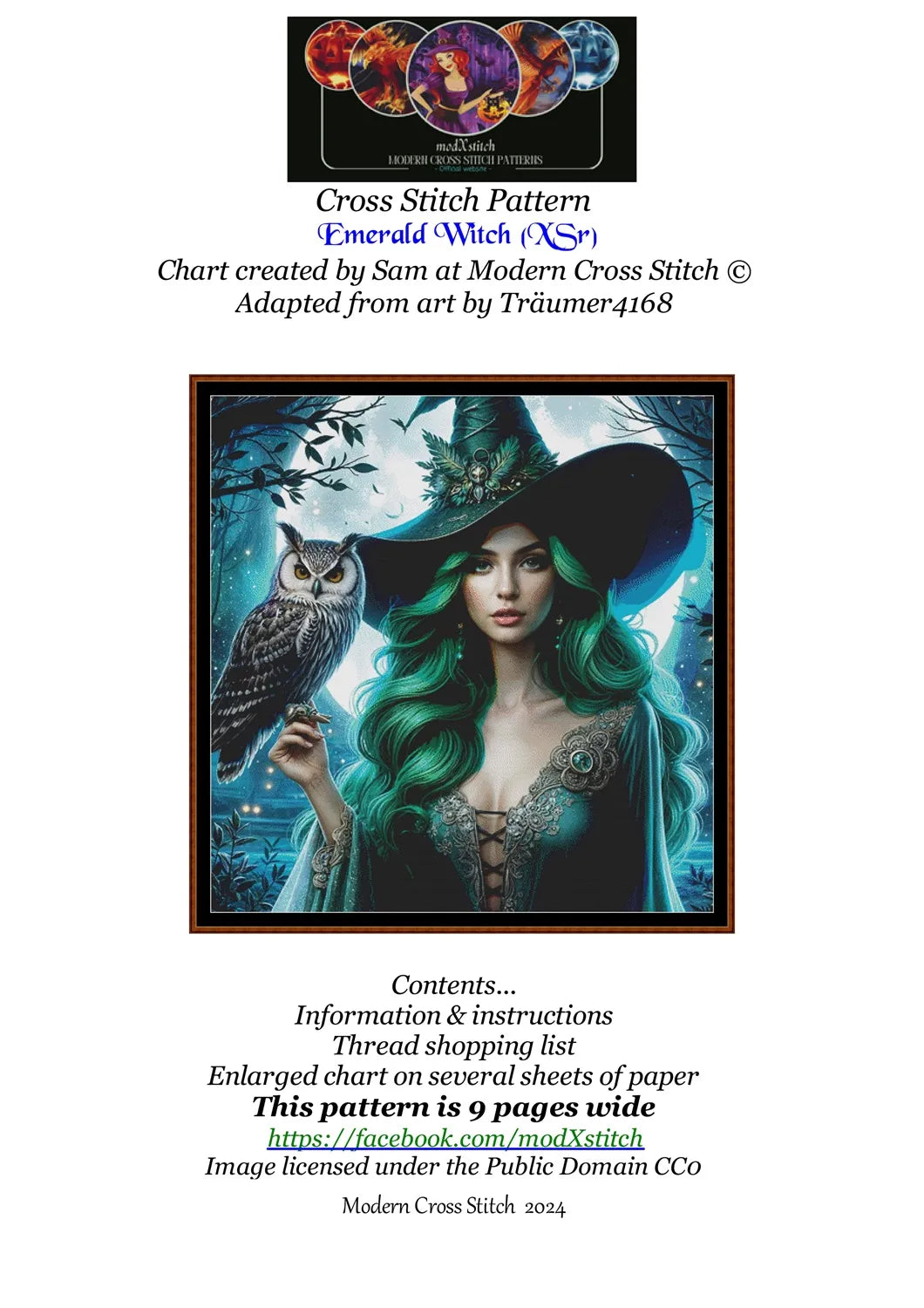 Emerald Witch cross stitch pattern conceived and expertly created by Sam. Inspired by art created by Traumer4168 covered under the Public Domain CC0 license.