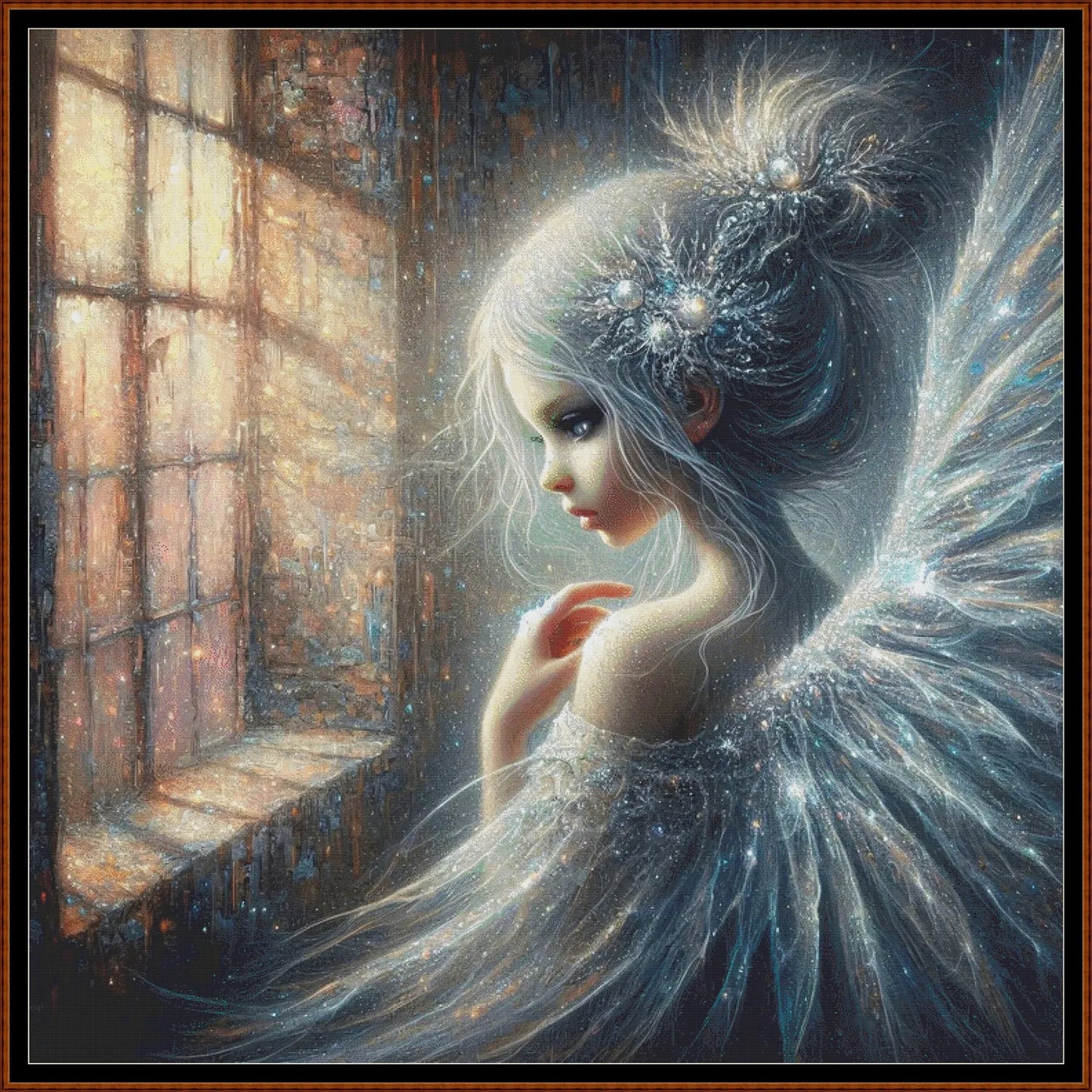 Silver Fairy cross stitch pattern conceived and expertly created by Sam. Inspired by art created by Barbara (BarBus) covered under the Public Domain CC0 license.