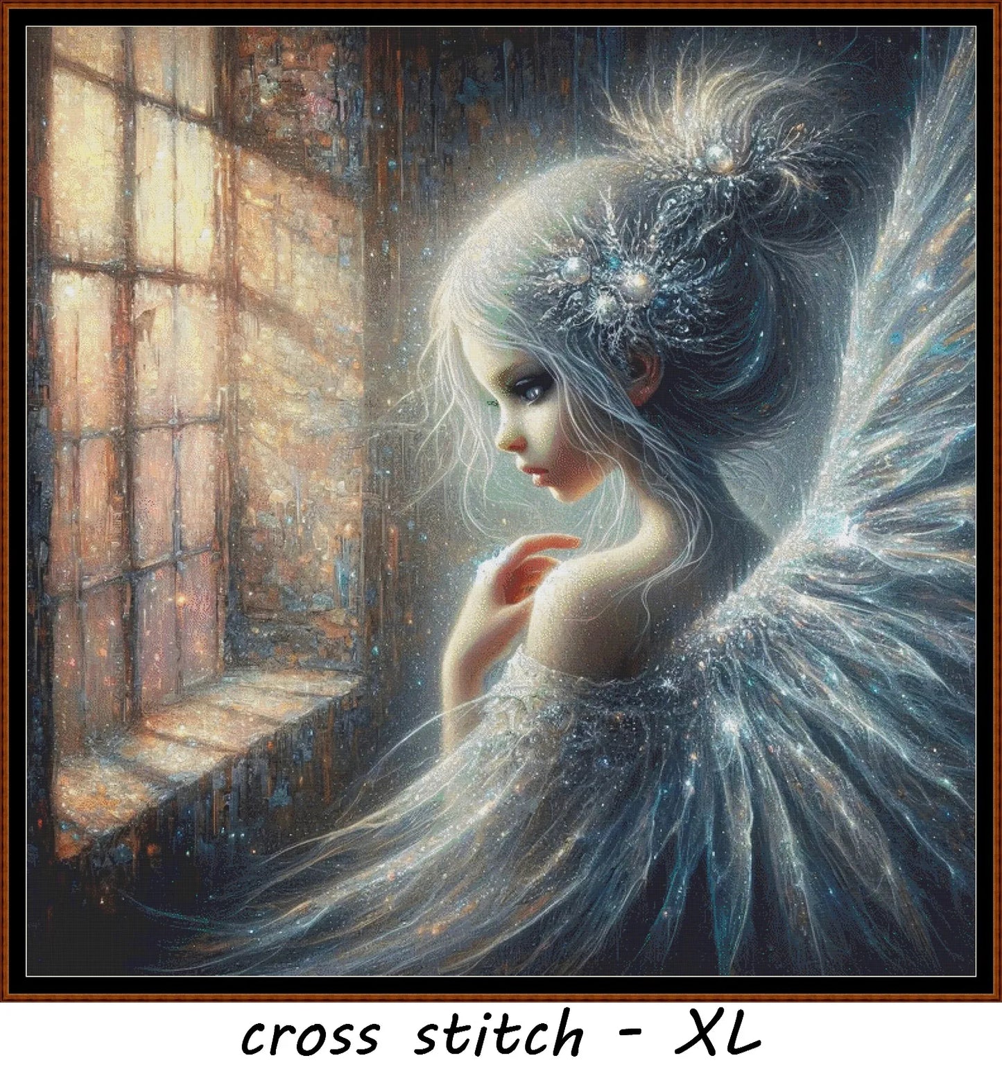 Silver Fairy cross stitch pattern conceived and expertly created by Sam. Inspired by art created by Barbara (BarBus) covered under the Public Domain CC0 license.