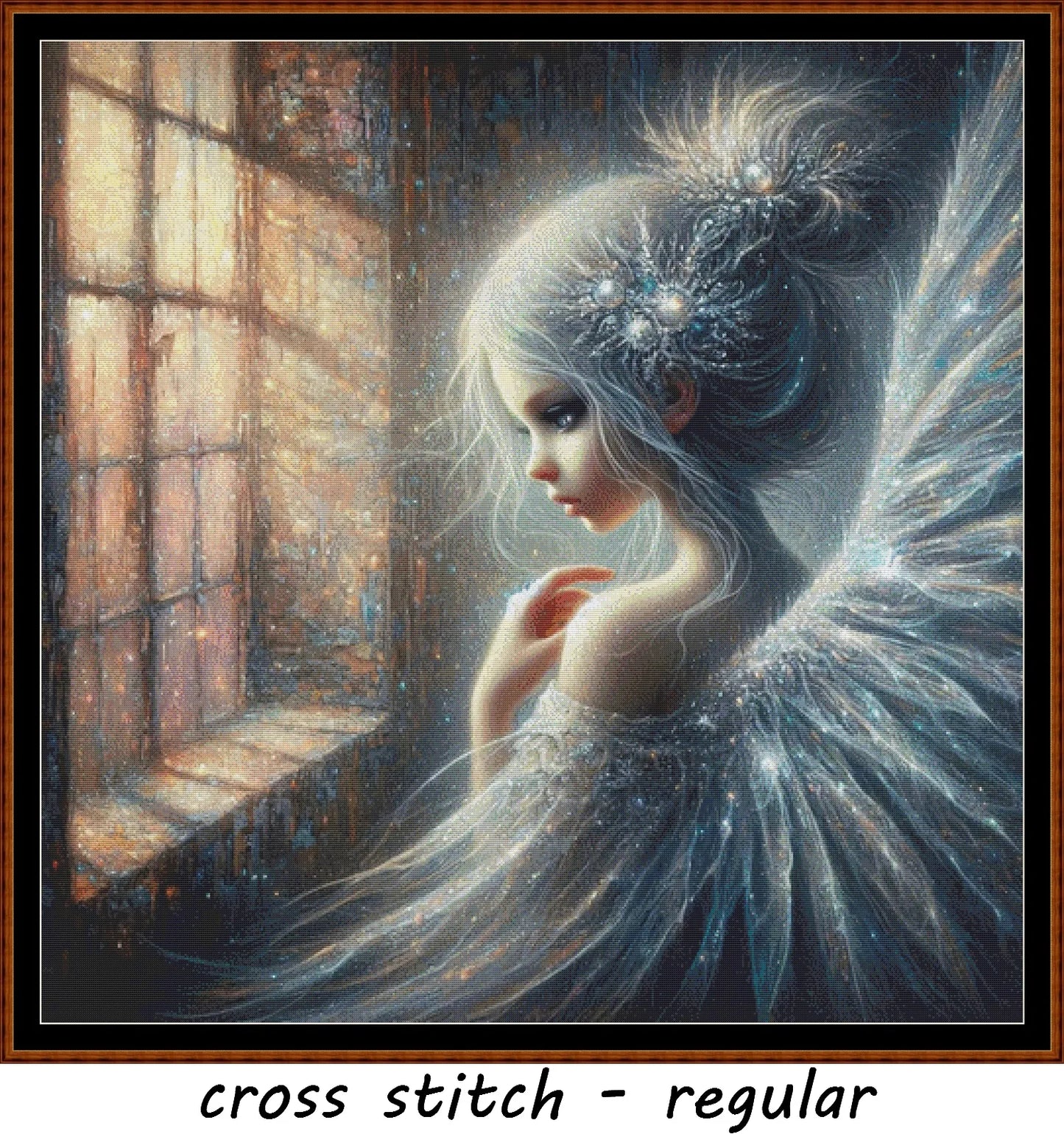 Silver Fairy cross stitch pattern conceived and expertly created by Sam. Inspired by art created by Barbara (BarBus) covered under the Public Domain CC0 license.