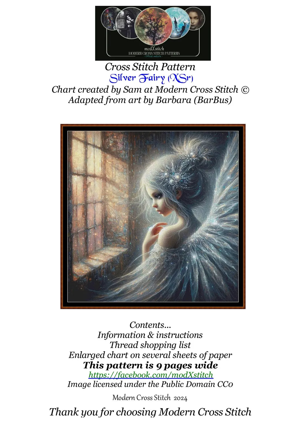 Silver Fairy cross stitch pattern conceived and expertly created by Sam. Inspired by art created by Barbara (BarBus) covered under the Public Domain CC0 license.