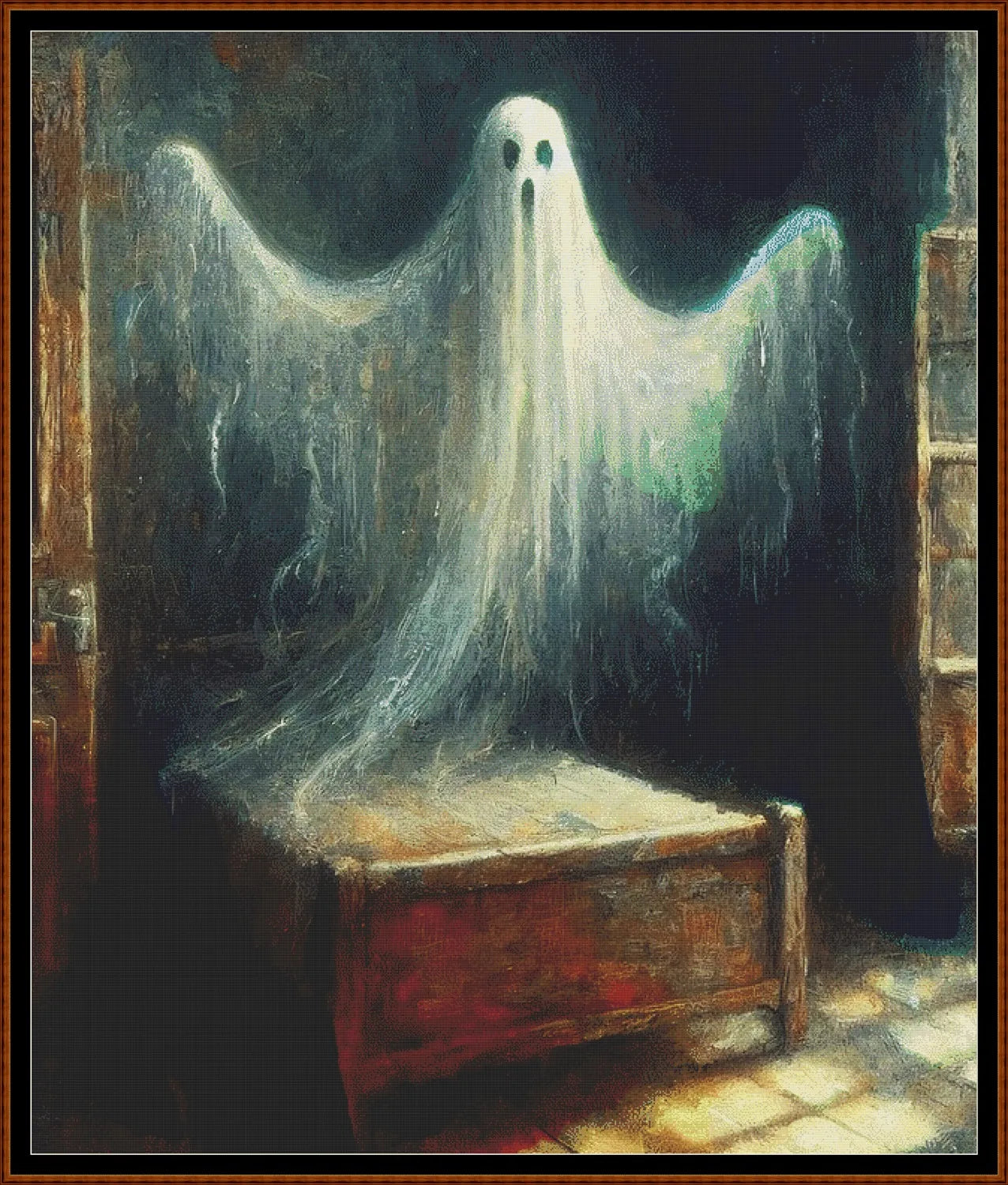 Ghost cross stitch pattern conceived and expertly created by Sam. Inspired by art created by Barbara (BarBus) covered under the Public Domain CC0 license. Ghost is a scarey cross stitch pattern that comes as a full coverage pattern with no back-stitching. Additionally, Ghost is available in 2 different design sizes - cross stitch regular & XL And each sale includes both B&W and colour charts