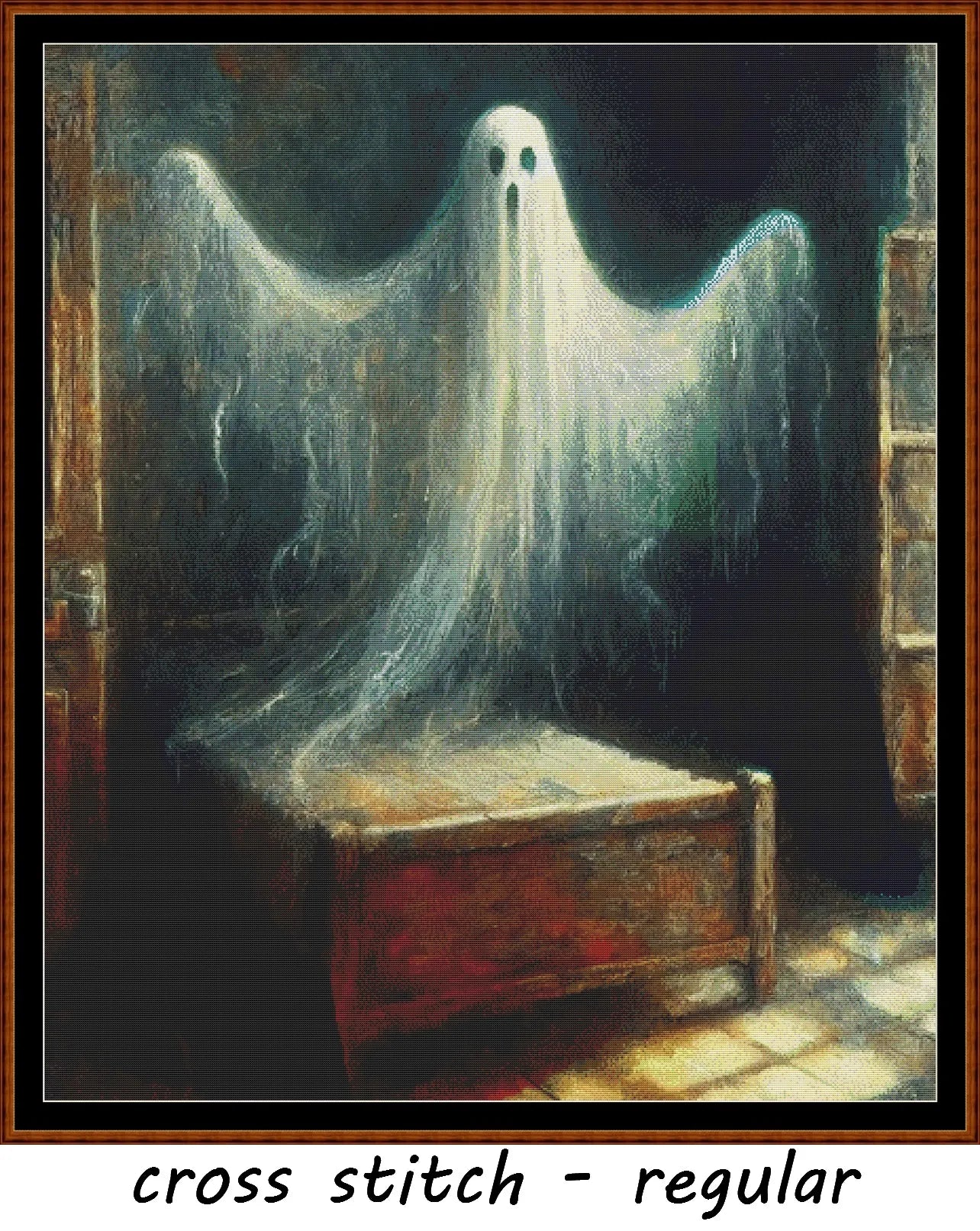 Ghost cross stitch pattern conceived and expertly created by Sam. Inspired by art created by Barbara (BarBus) covered under the Public Domain CC0 license. Ghost is a scarey cross stitch pattern that comes as a full coverage pattern with no back-stitching. Additionally, Ghost is available in 2 different design sizes - cross stitch regular & XL And each sale includes both B&W and colour charts