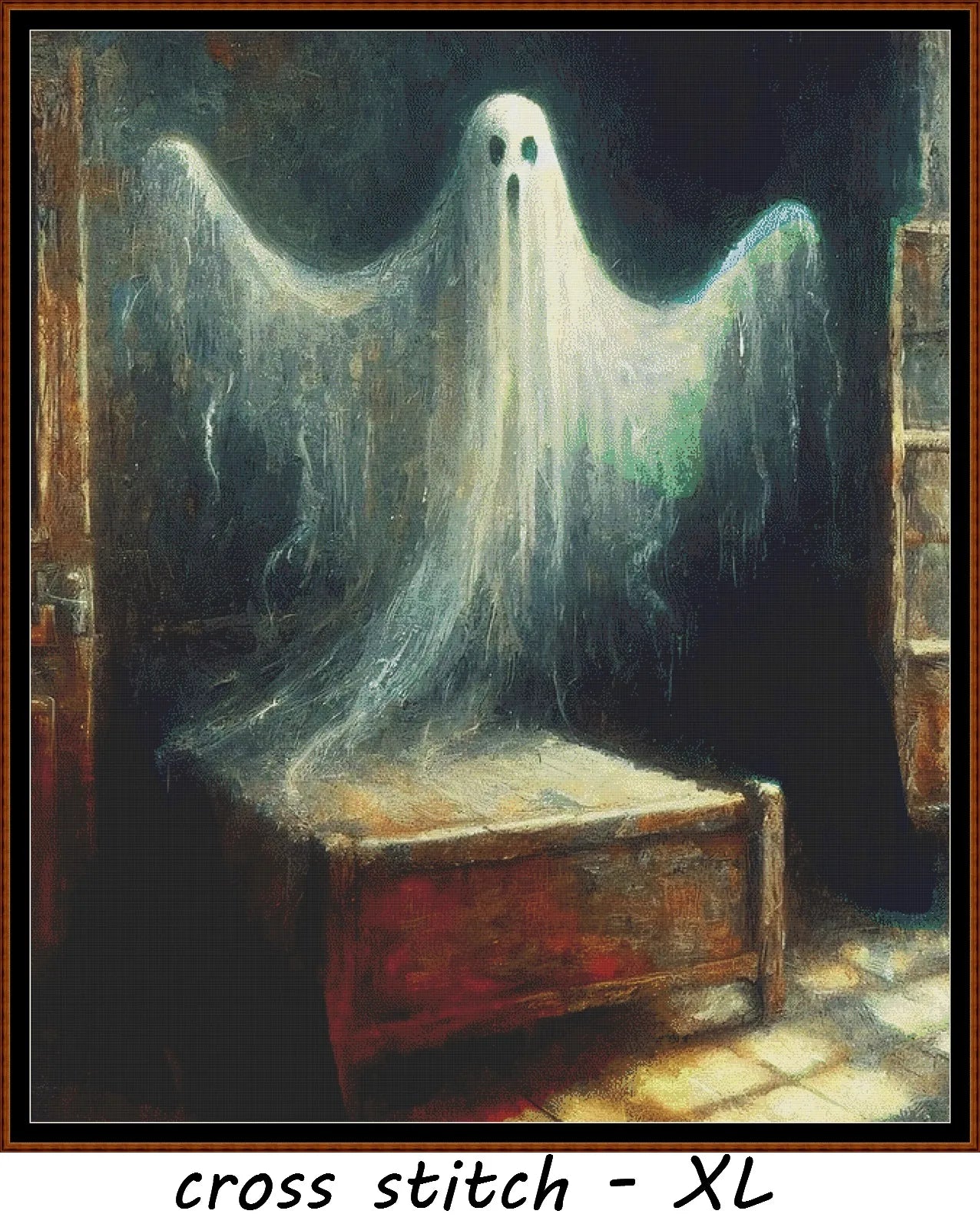 Ghost cross stitch pattern conceived and expertly created by Sam. Inspired by art created by Barbara (BarBus) covered under the Public Domain CC0 license. Ghost is a scarey cross stitch pattern that comes as a full coverage pattern with no back-stitching. Additionally, Ghost is available in 2 different design sizes - cross stitch regular & XL And each sale includes both B&W and colour charts