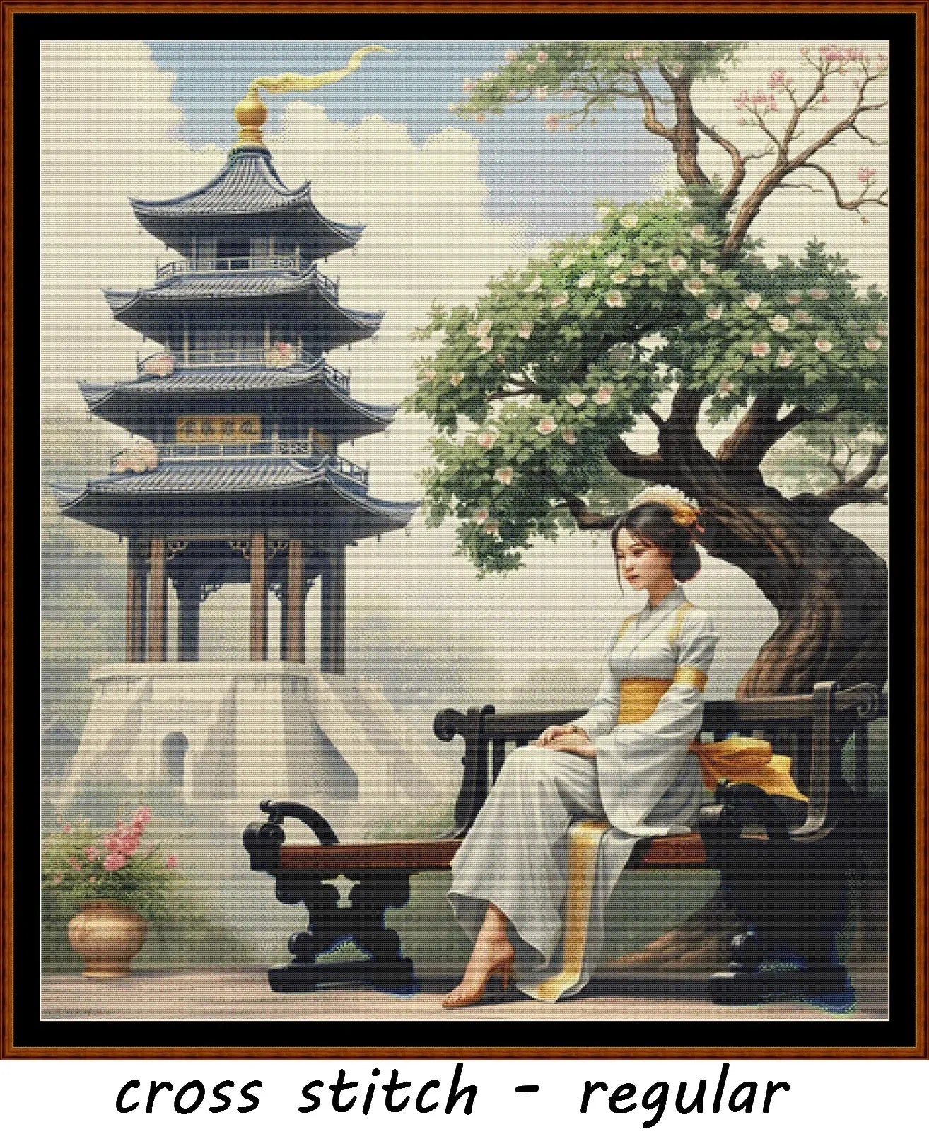 Waiting At The Square Oriental cross stitch pattern A unique and exclusive design to modXstitch, conceived and expertly created with the help of AI, by Sam. Waiting At The Square is an Oriental-style cross stitch pattern that comes as a full coverage pattern with absolutely no back-stitching or pesky half-stitches. Also, Waiting At The Square is available in 2 different design sizes - cross stitch regular & XL And each sale includes both B&W and colour charts